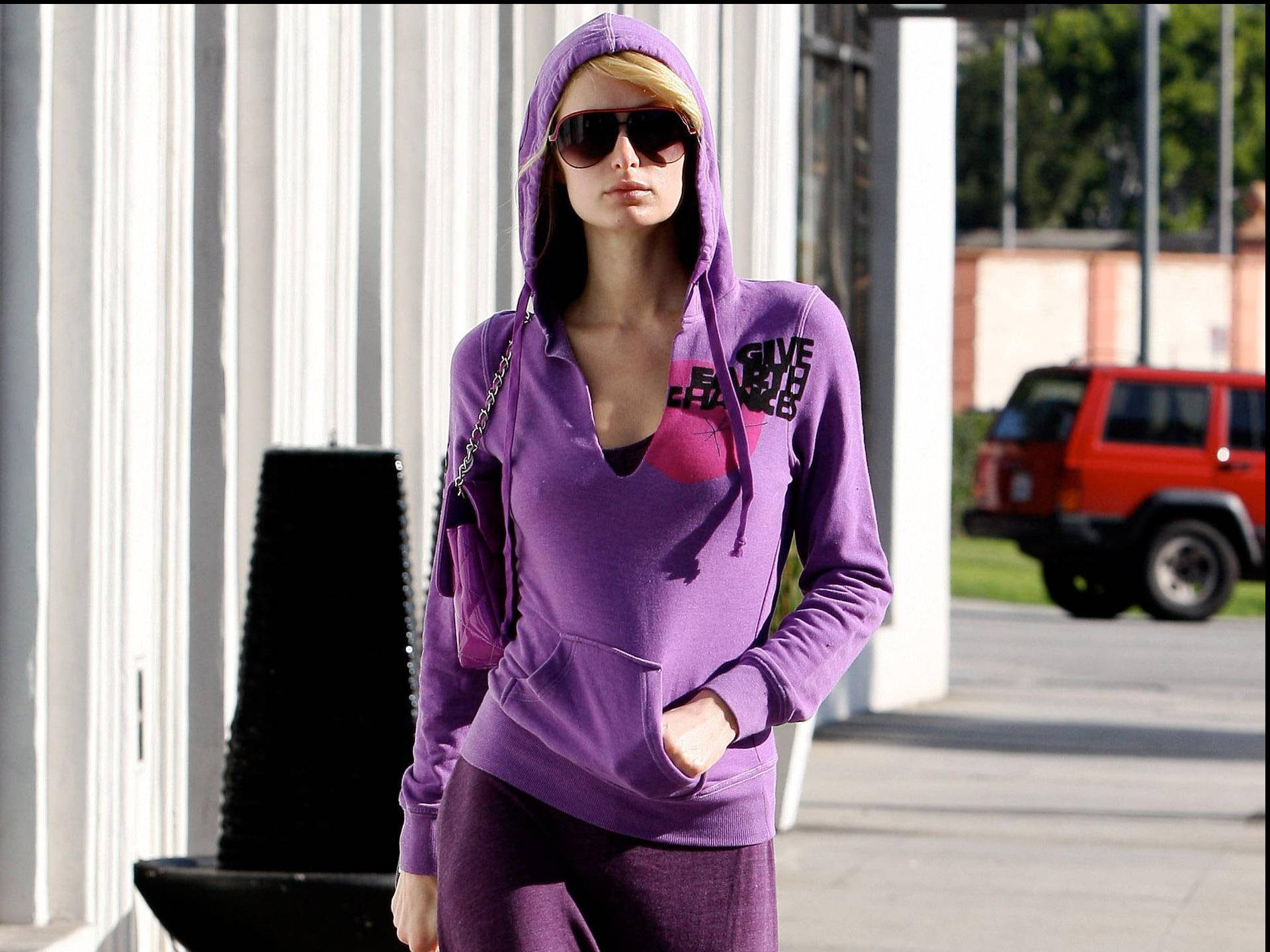 Paris Hilton, violet track suit, purple hoodie, Full HD Desktop Wallpaper