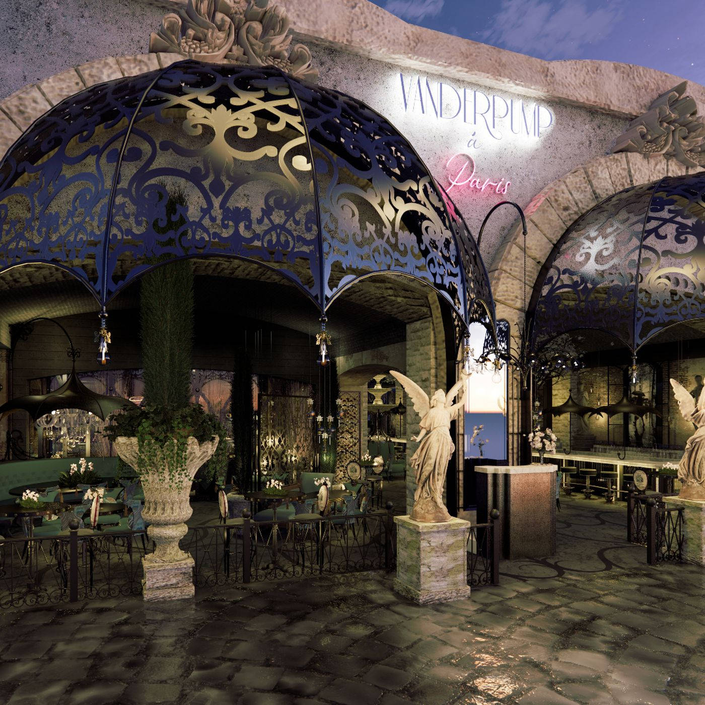 Paris Las Vegas, Elegant Parisian restaurant, ornate blue metal canopies, HD Desktop Wallpaper