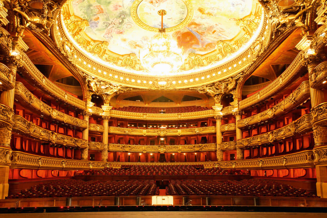 Paris Opera House, proscenium theater, golden balconies, SD Desktop Wallpaper