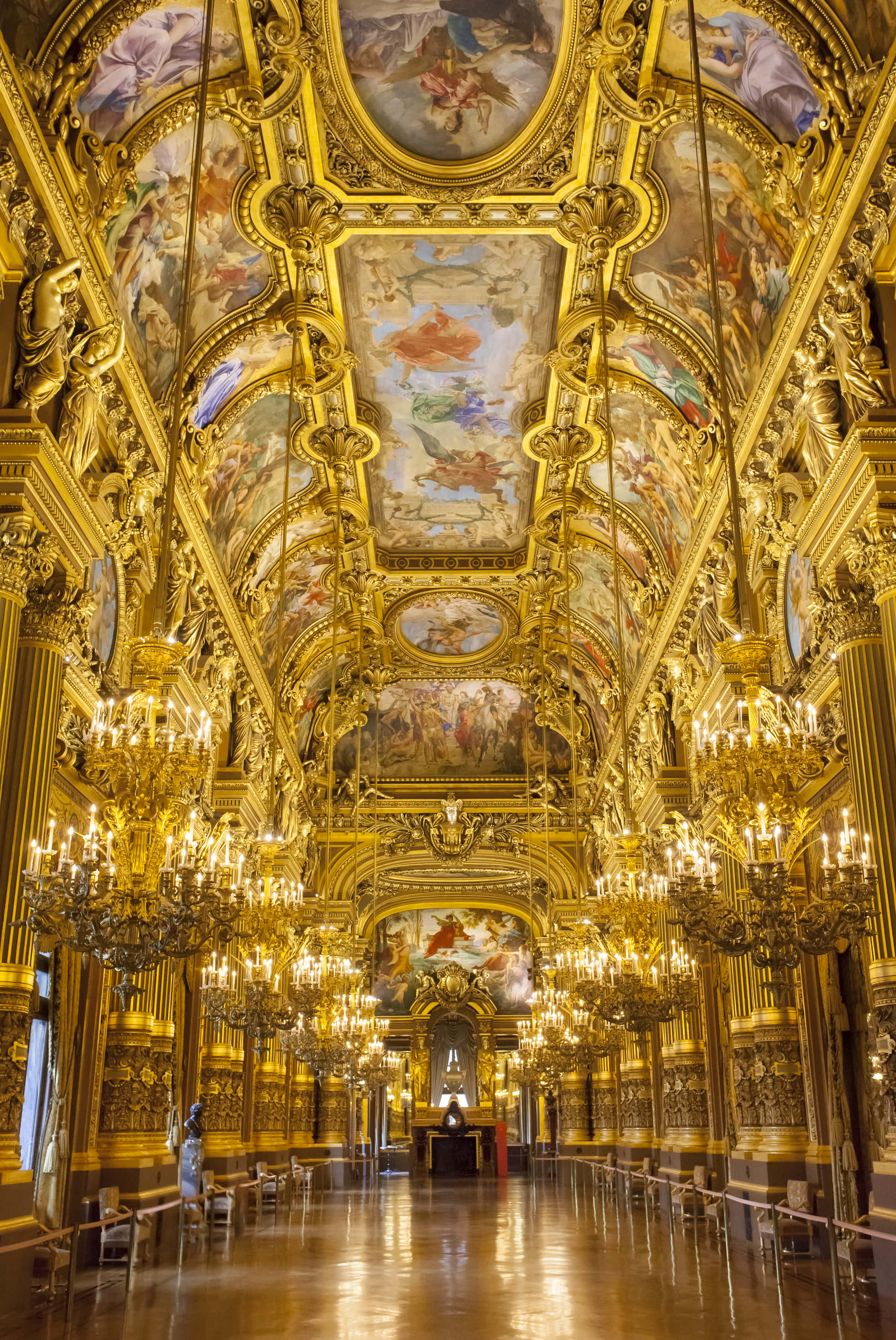 Paris Opera House, foyer hallway, golden ornate ceilings, 2K Phone Wallpaper