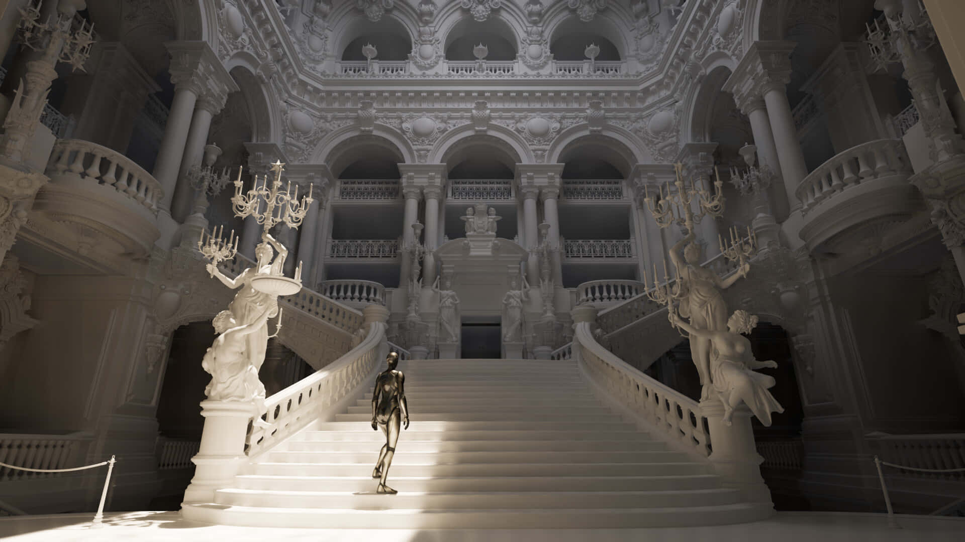 Paris Opera House, white marble staircase, ornate statues, Full HD Desktop Wallpaper