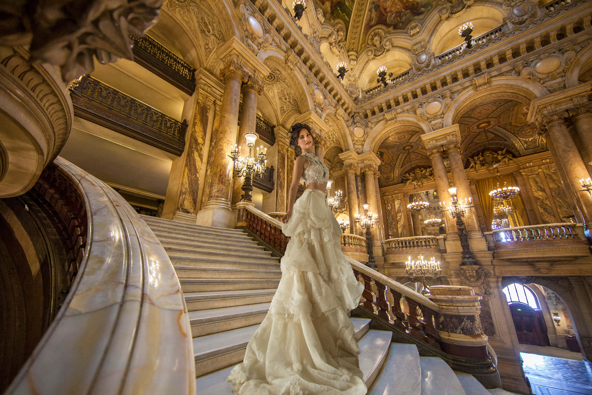 Paris Opera House, white gown, marble staircase, Full HD Desktop Wallpaper
