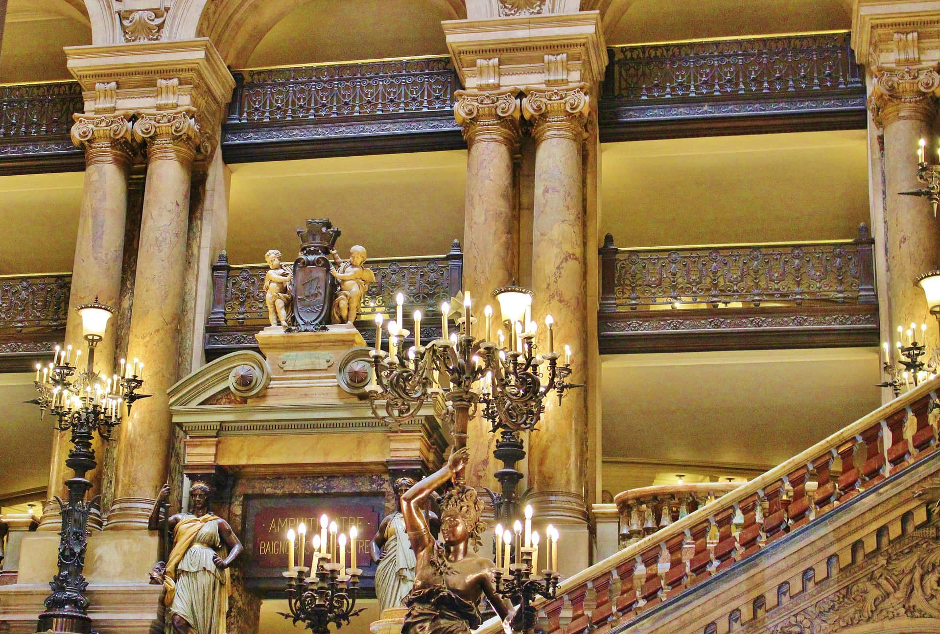 marble angel statues, Paris Opera House, marble columns, Full HD Desktop Wallpaper
