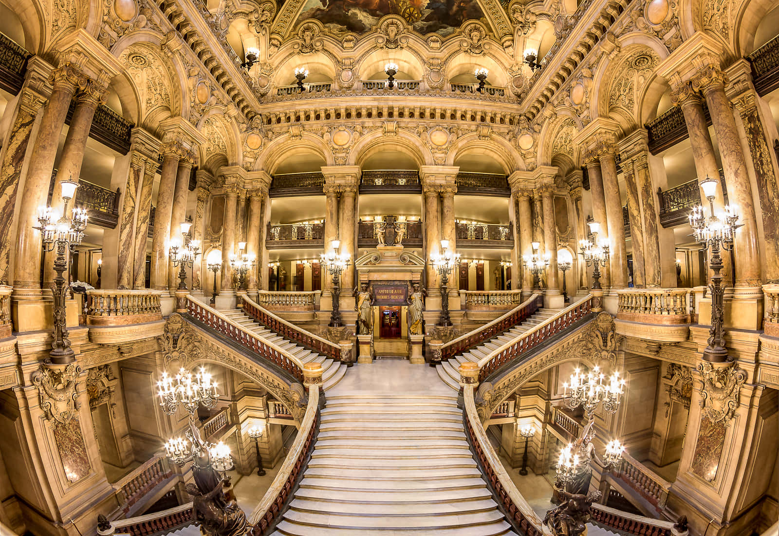 Paris Opera House, fish eye photography, marble staircases, HD Desktop Wallpaper