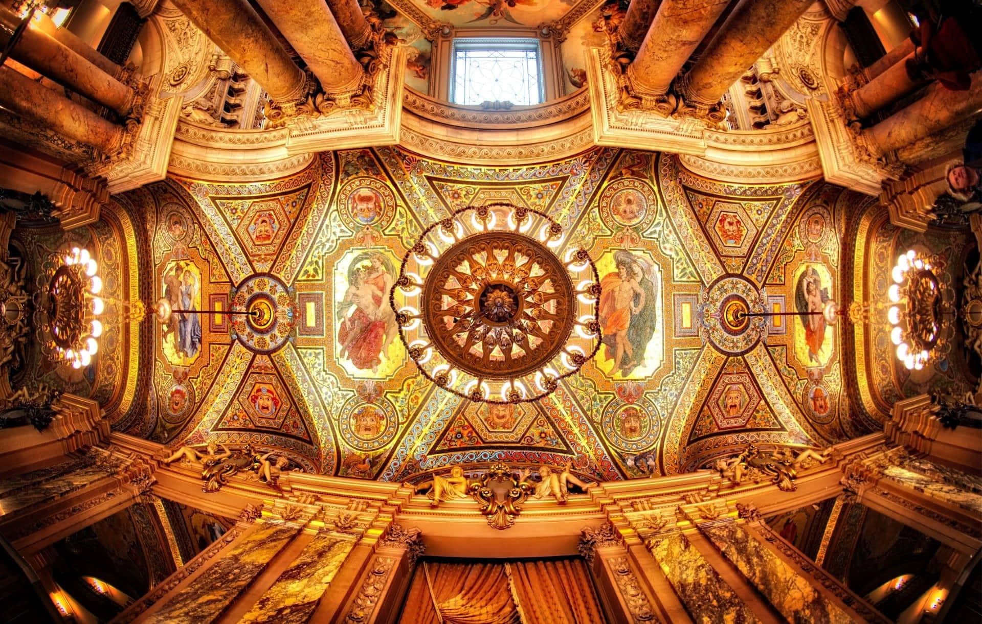 Paris Opera House, mosaic panels, golden mosaics frescoes, Full HD Desktop Wallpaper