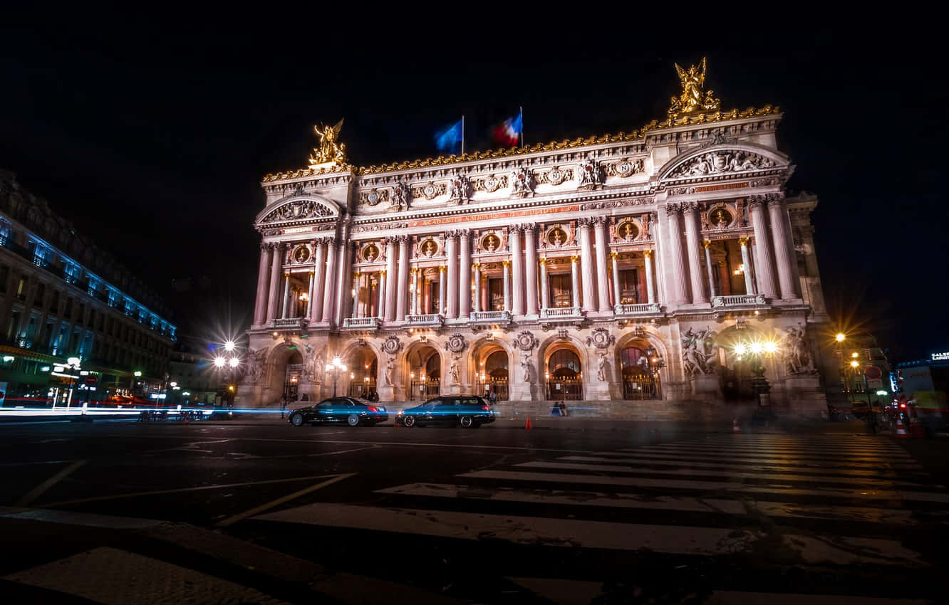 Paris Opera House, night photography, glowing golden statues, HD Desktop Wallpaper