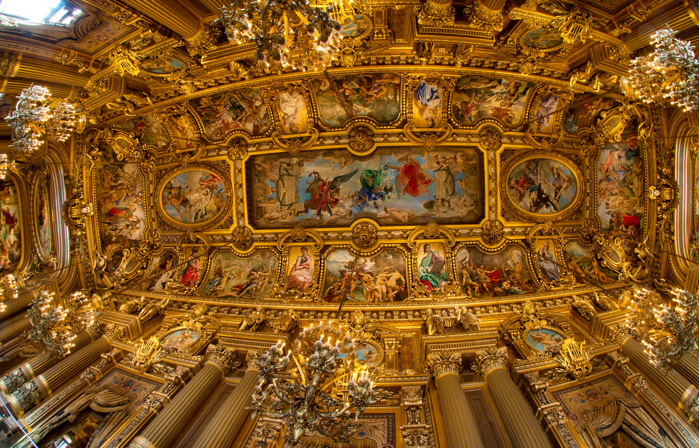 Paris Opera House, golden palace ceiling, intricate frescoes, HD Desktop Wallpaper