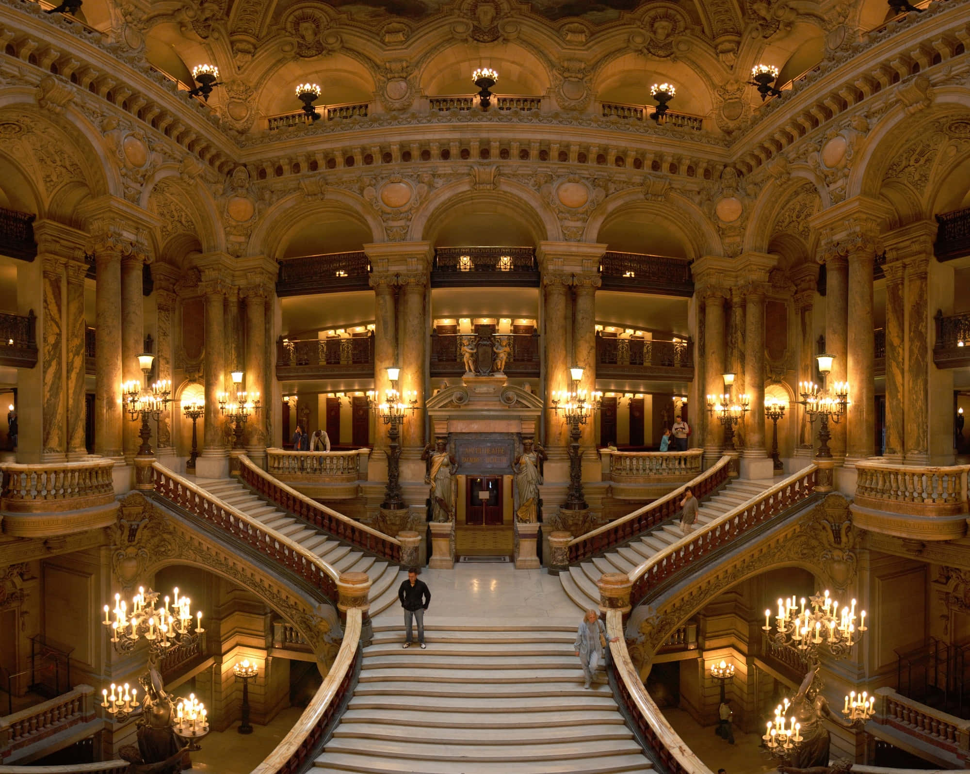 Paris Opera House, sweeping marble staircases, ornate columns, Full HD Desktop Wallpaper