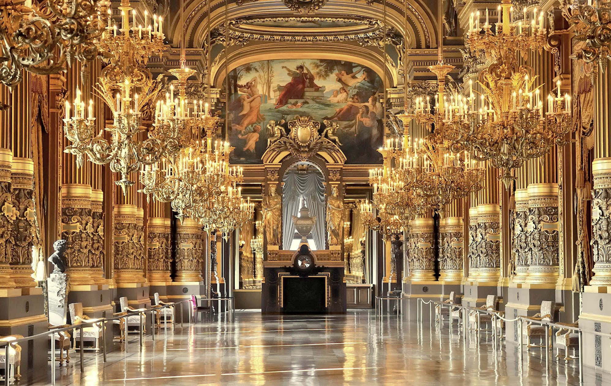 Paris Opera House, golden chandeliers, ornate carvings, Full HD Desktop Wallpaper