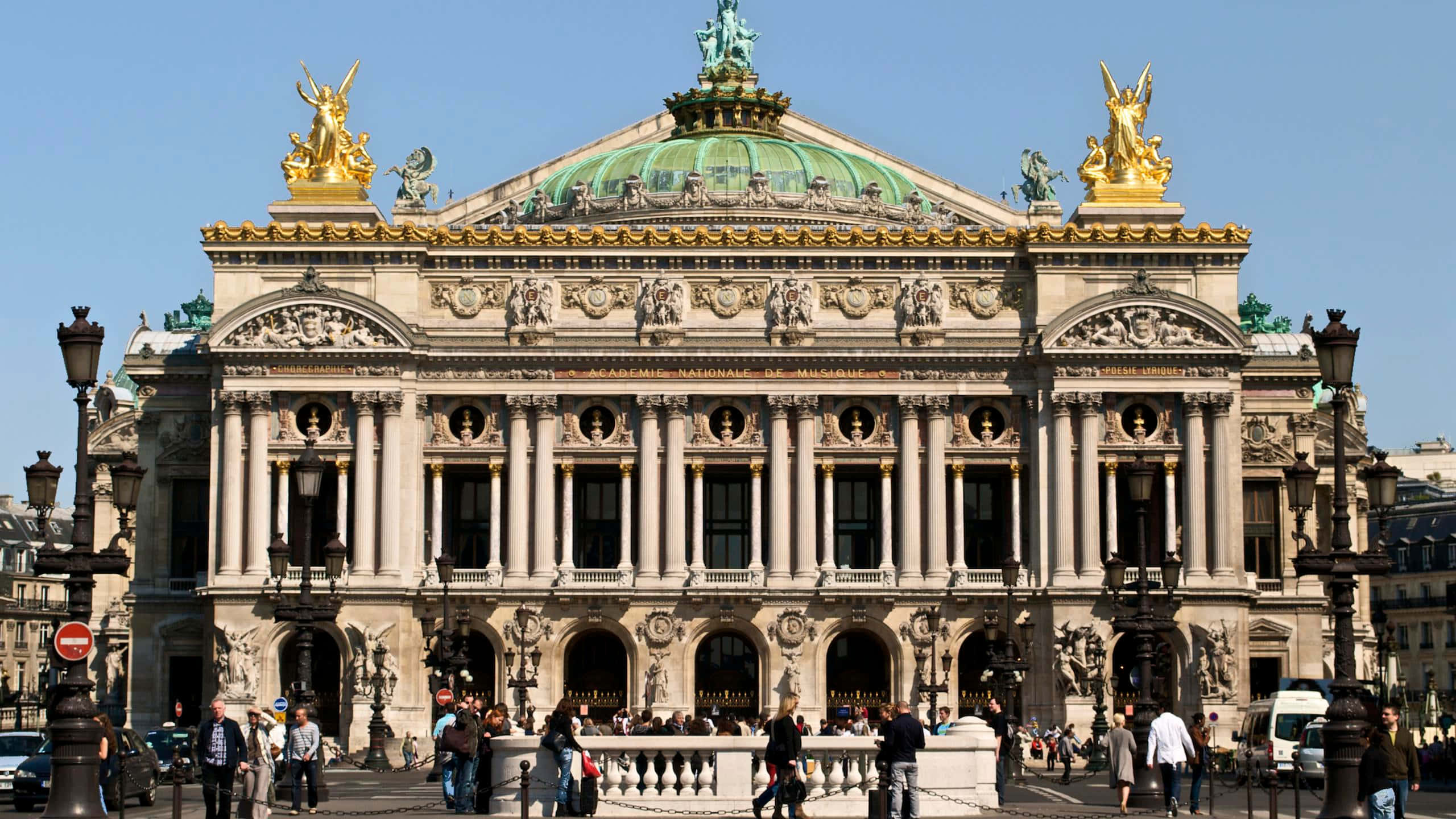 Paris Opera House, golden statues, green dome, 2K Desktop Wallpaper