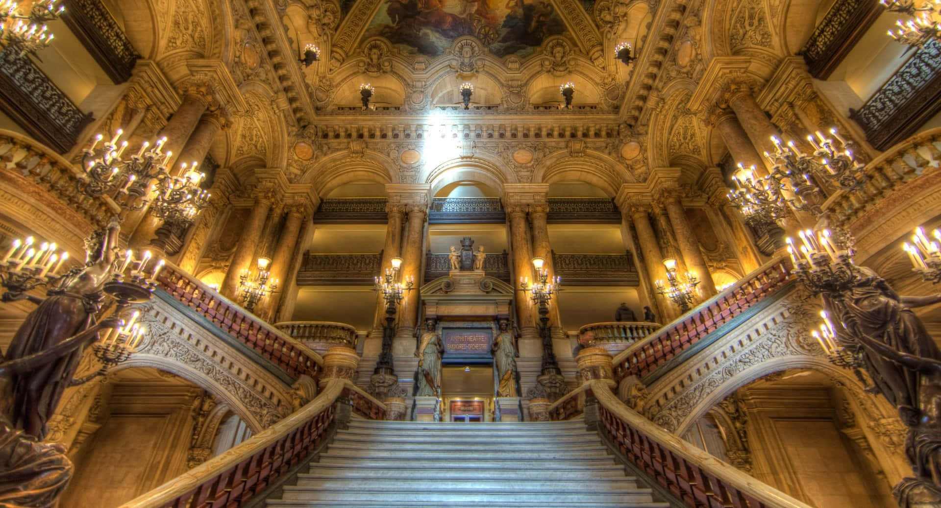 Paris Opera House, grand ornate staircase, gilded balustrades, Full HD Desktop Wallpaper