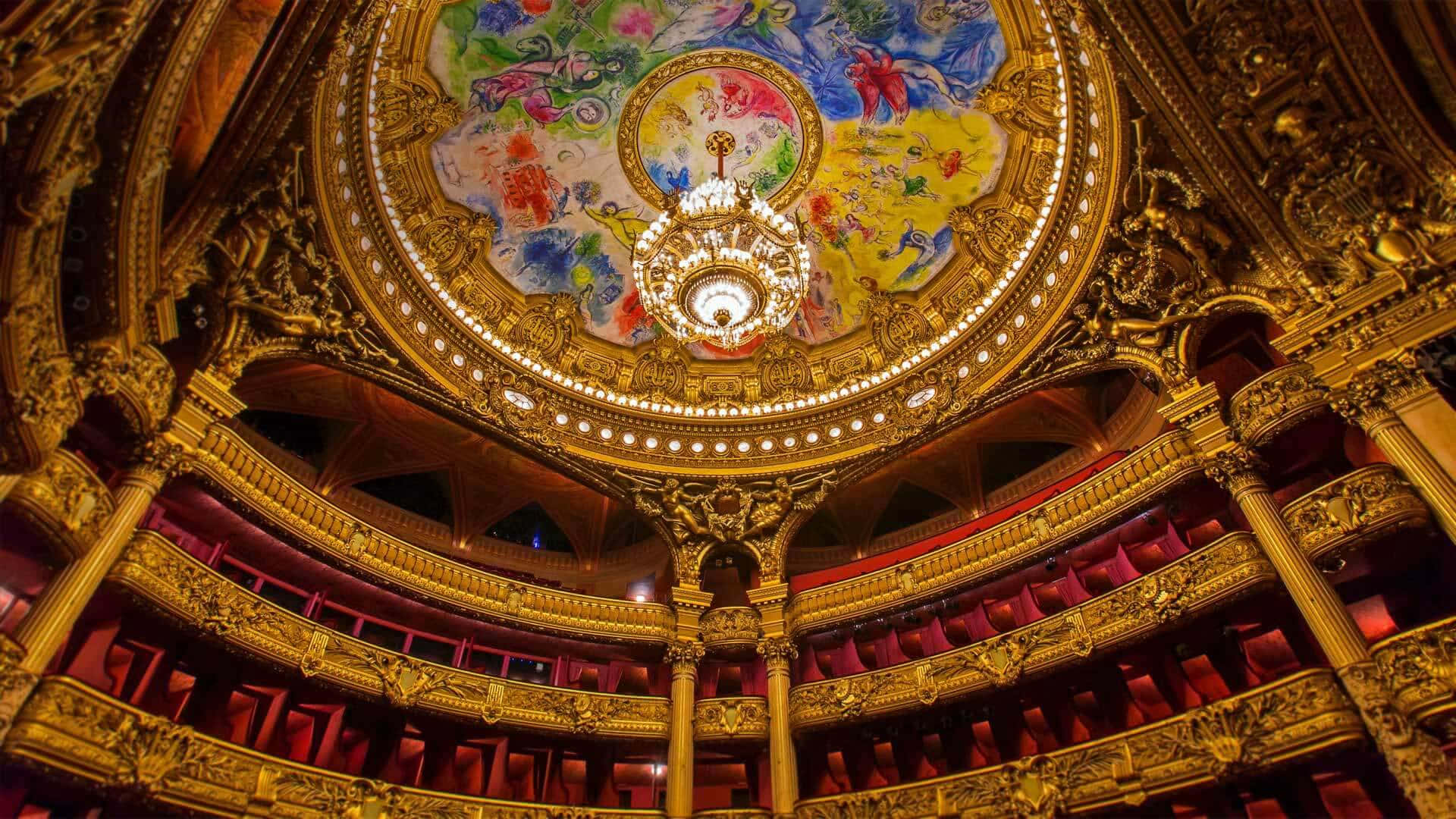 Paris Opera House, theater dome, golden balconies, Full HD Desktop Wallpaper
