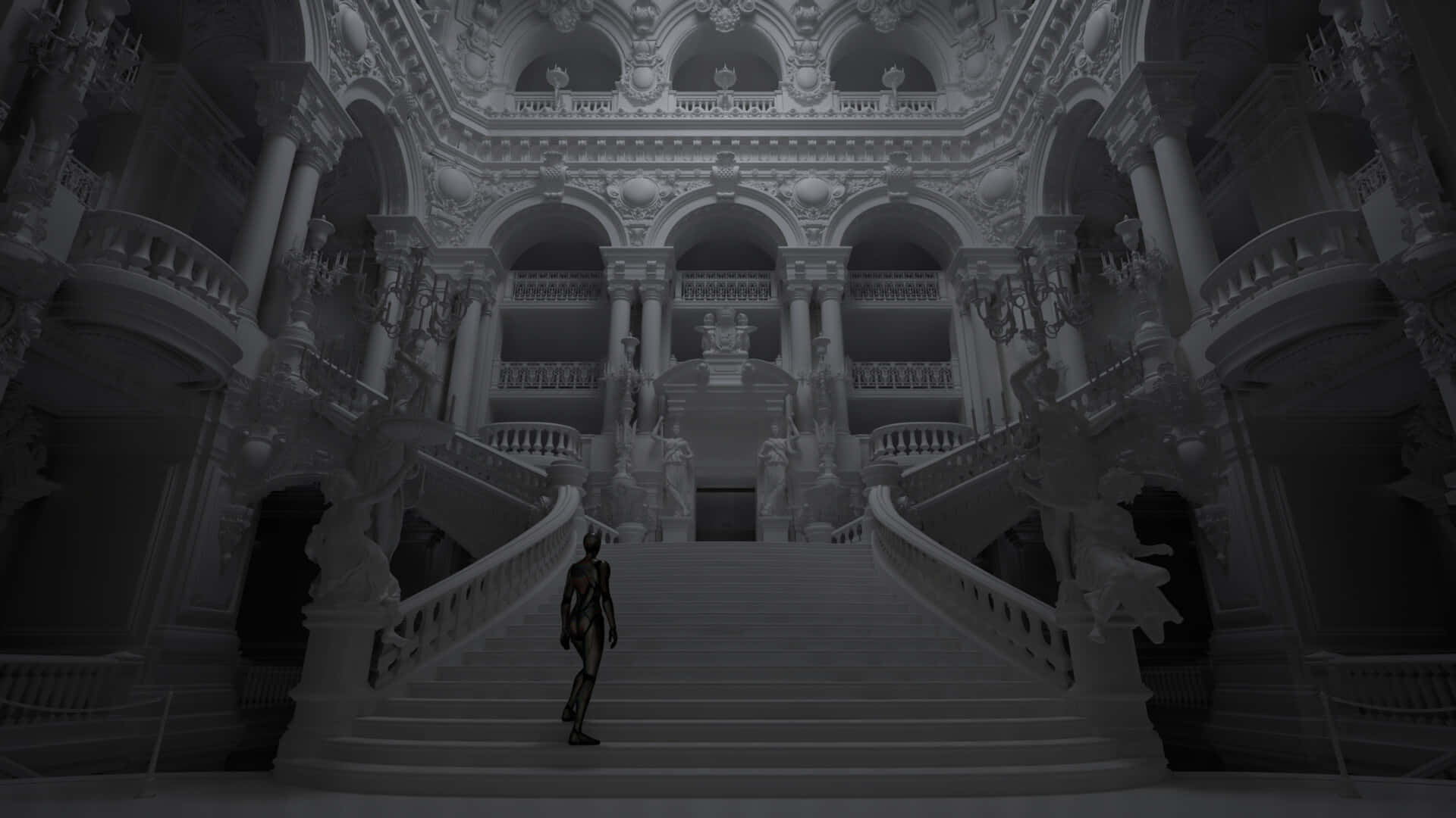 Paris Opera House, monochrome staircase, opulent, empty palace hall, Full HD Desktop Wallpaper