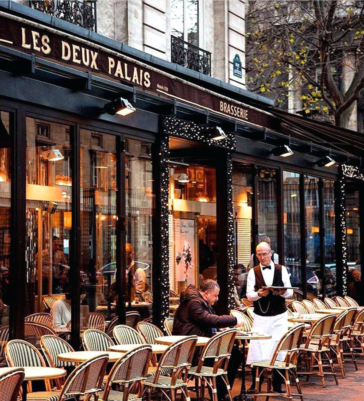 Parisian brasserie, outdoor seating, waiter serves a customer, HD Phone Wallpaper
