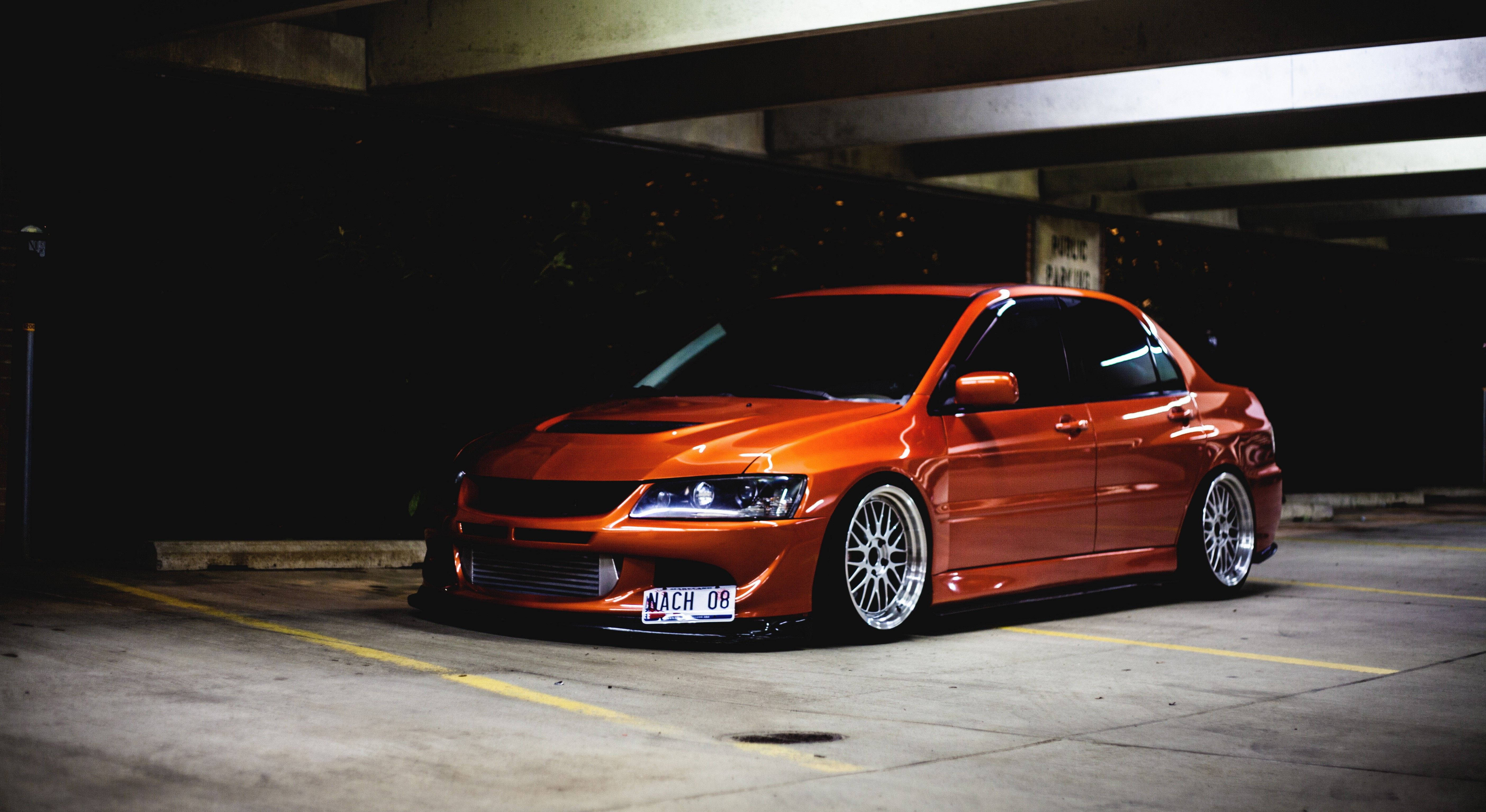 orange JDM car, modified sports car, custom wheels, 5K Desktop Wallpaper
