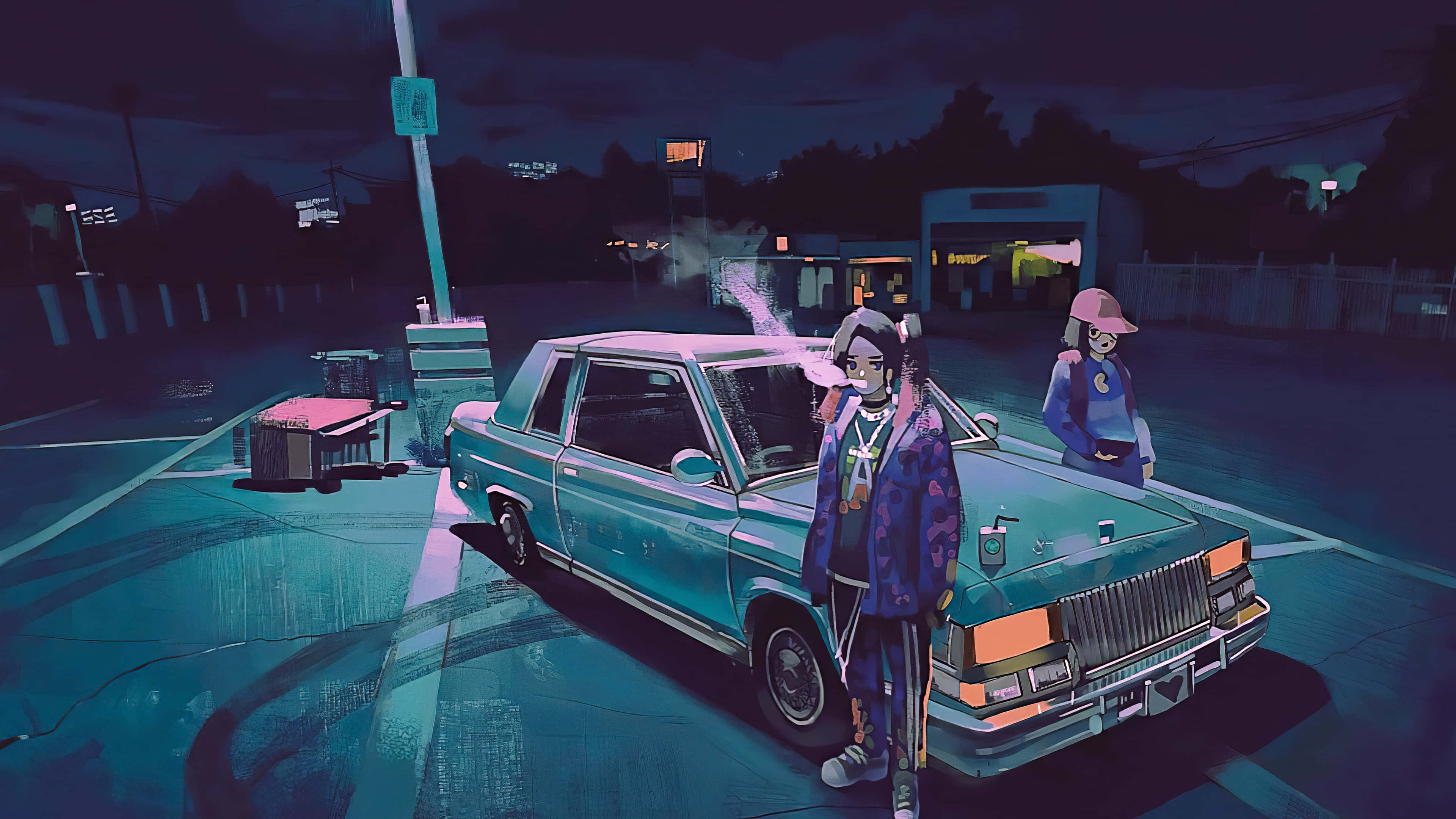 neon-drenched parking lot, vintage car, dark night sky, 4K Desktop Wallpaper