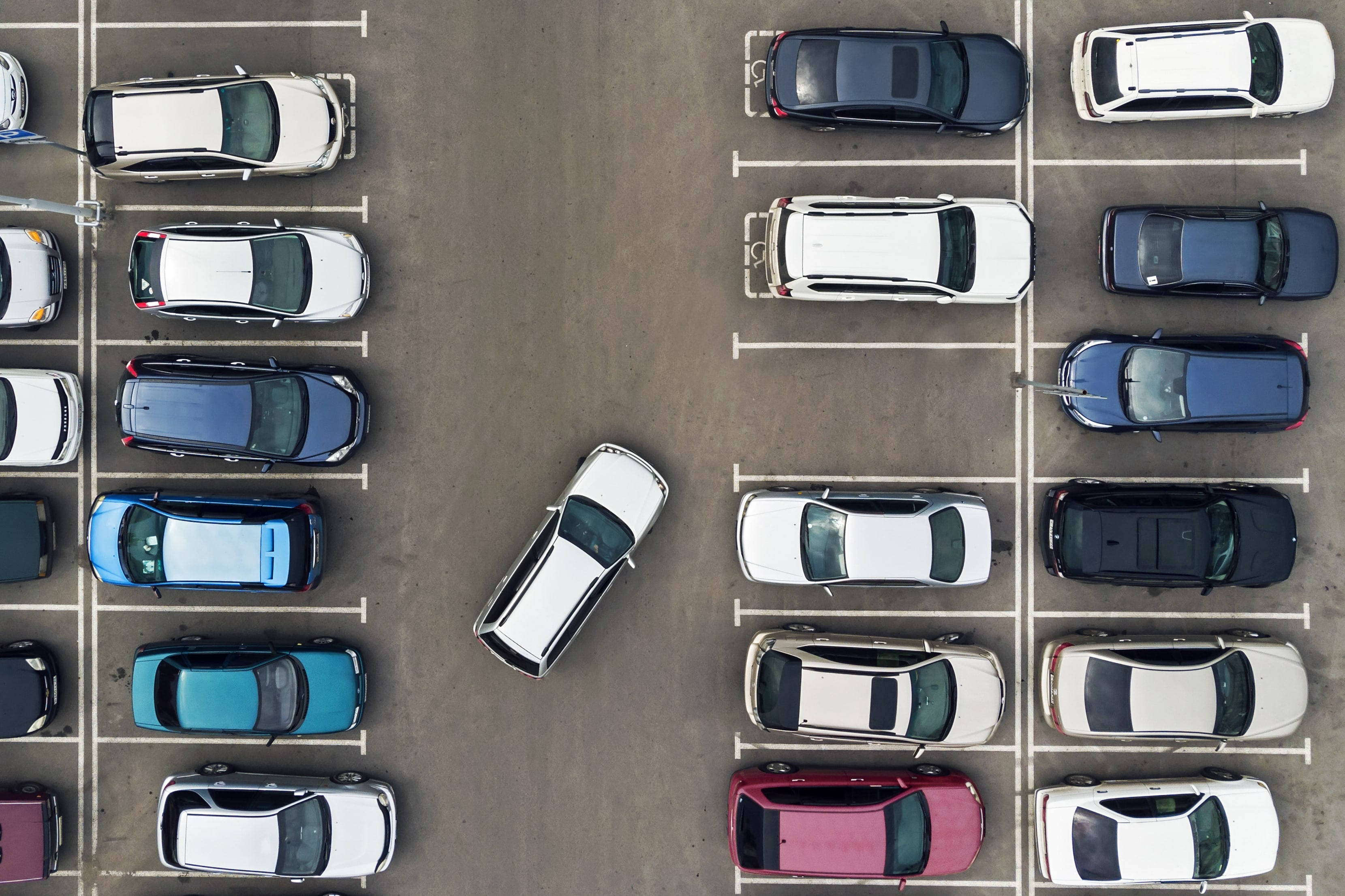 parking lot, colorful cars, white car, 2K Desktop Wallpaper
