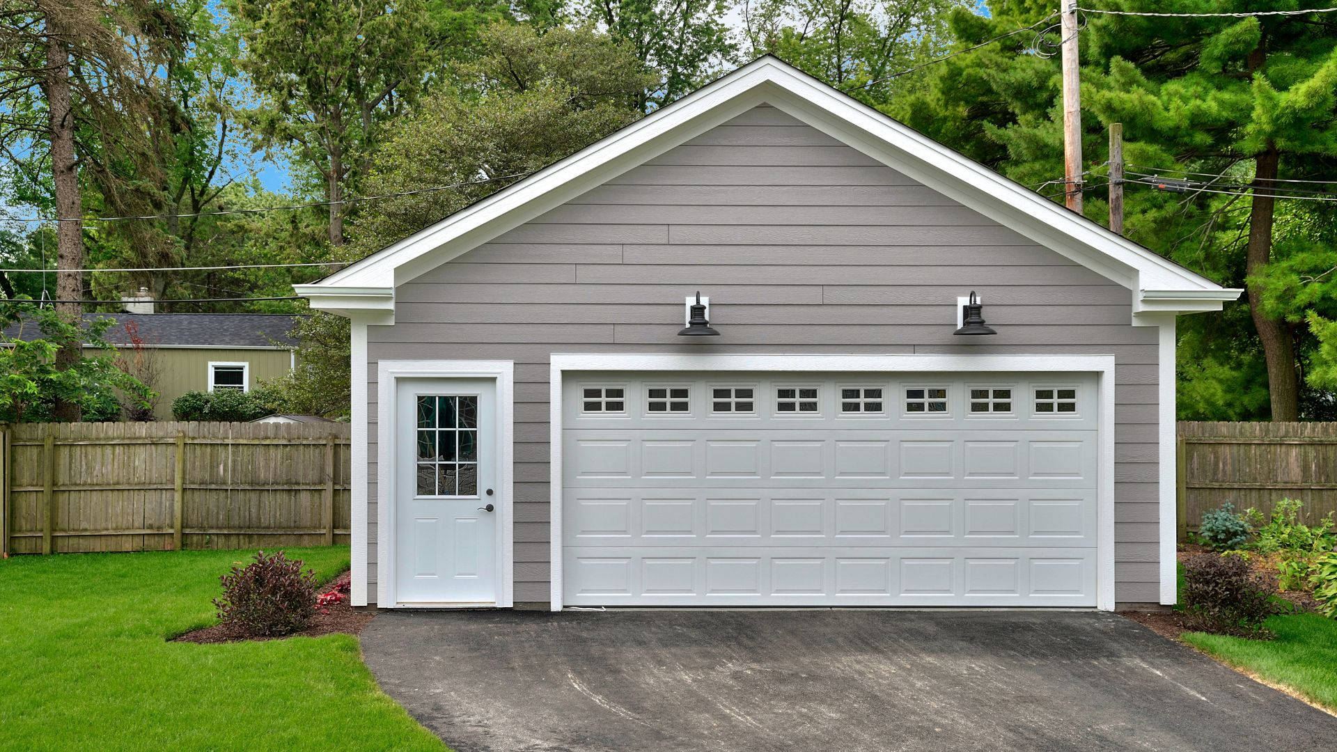 modern minimalist garden garage door, gray garage, white trim, Full HD Desktop Wallpaper