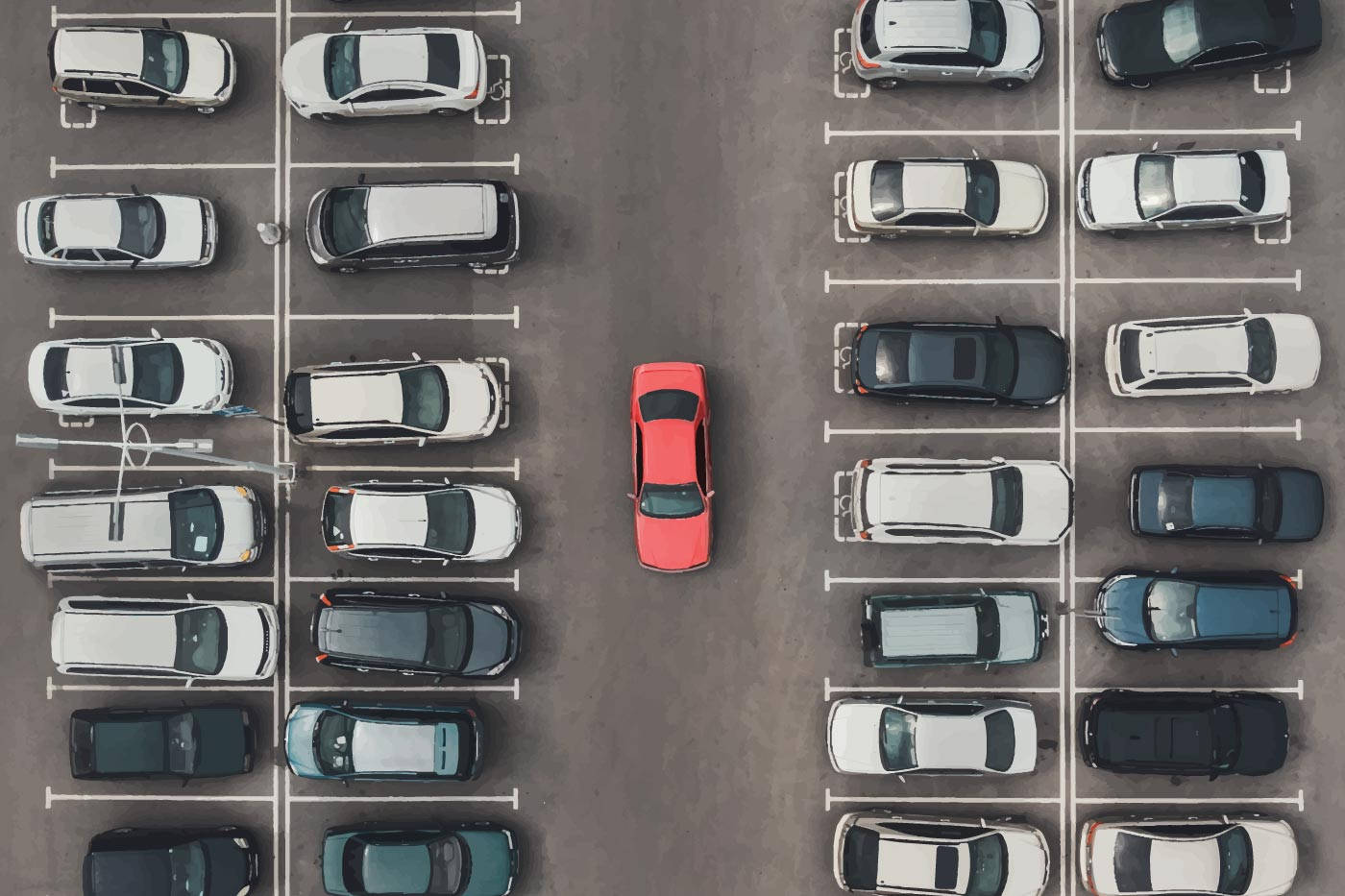 drone shot, red car, parking lot, HD Desktop Wallpaper