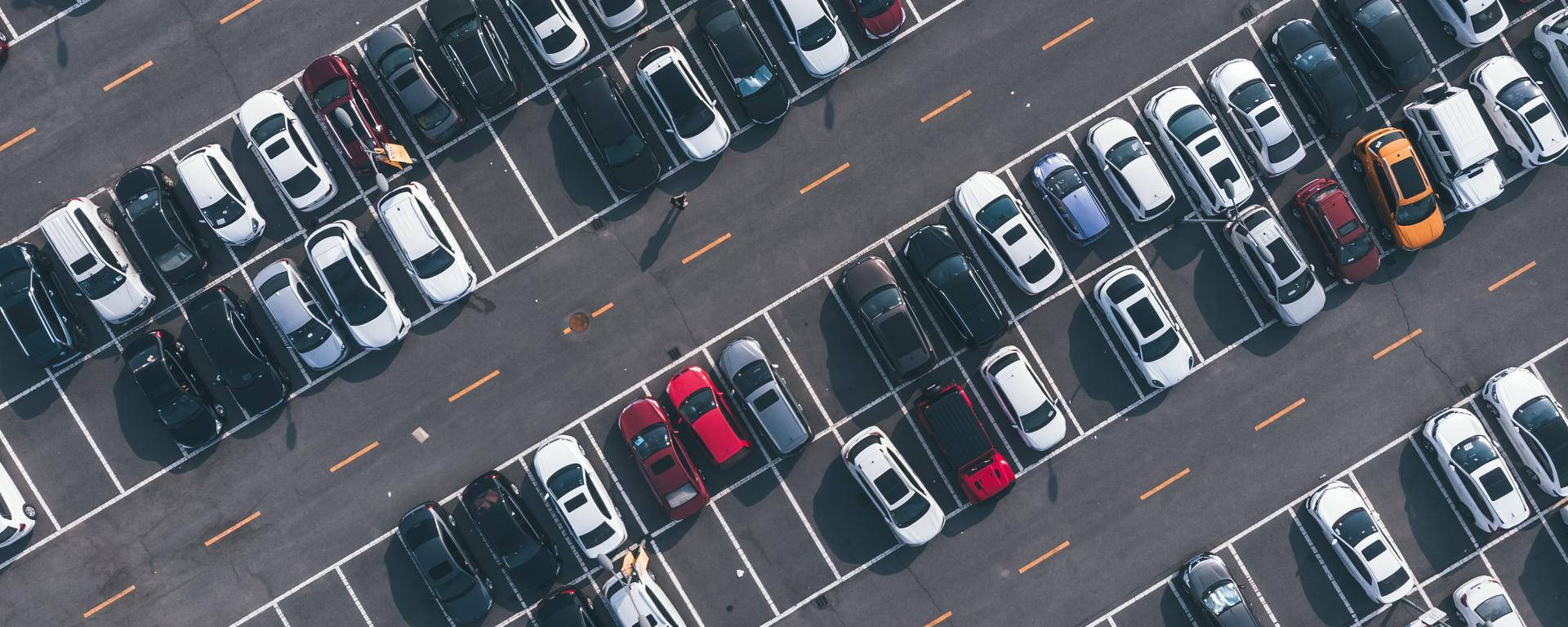 drone shot, parking lot, rows of parked cars, Full HD Desktop Wallpaper