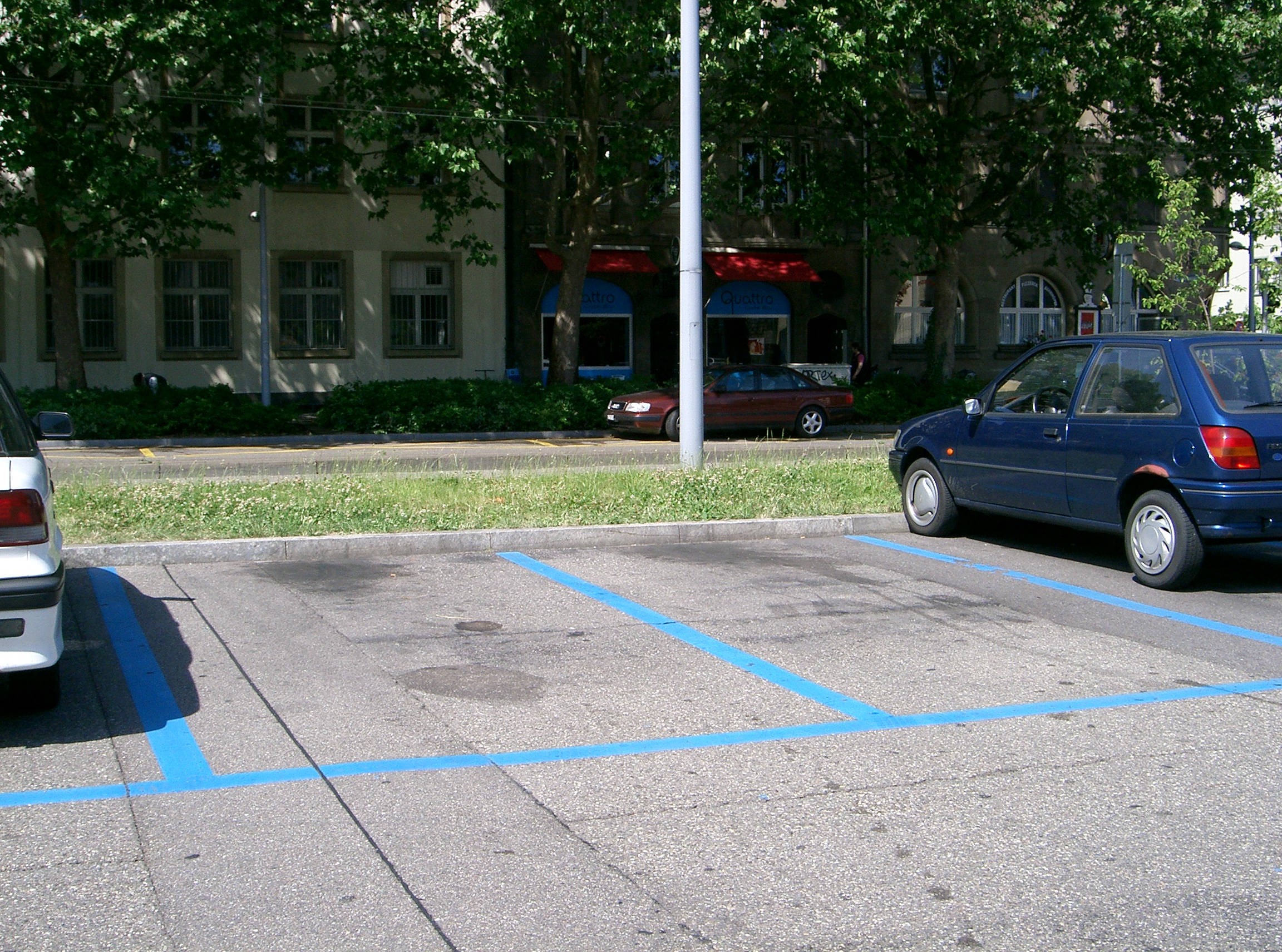 blue hatchback, sunlit asphalt lot, bright blue lines, Full HD Desktop Wallpaper