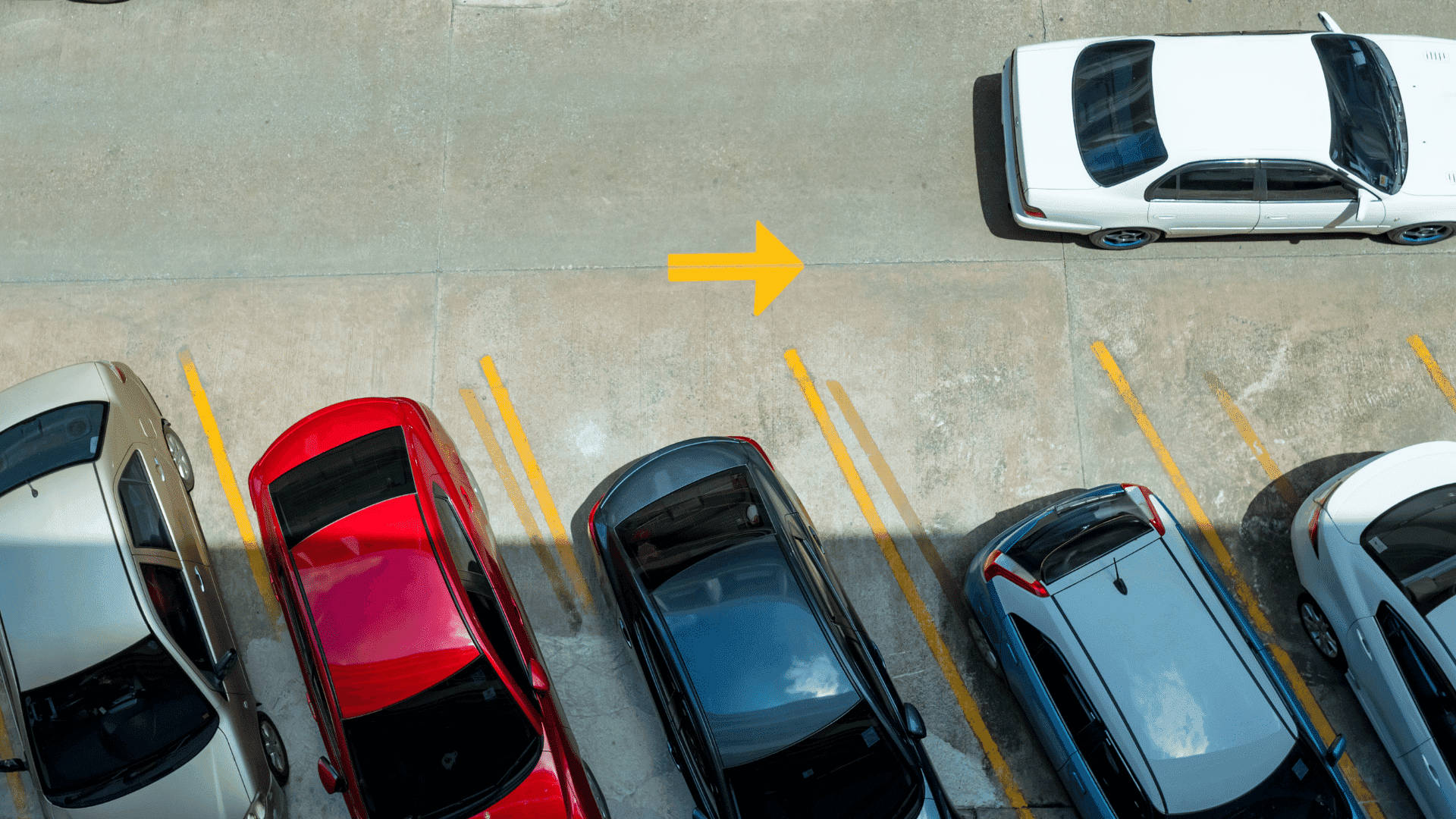 white car, cars in parking lot, concrete lot, Full HD Desktop Wallpaper