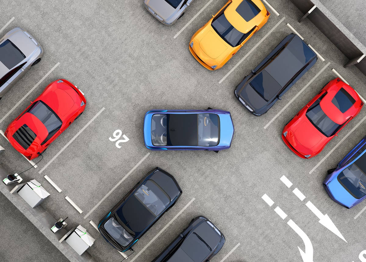 blue car, parking space, concrete lot, SD Desktop Wallpaper