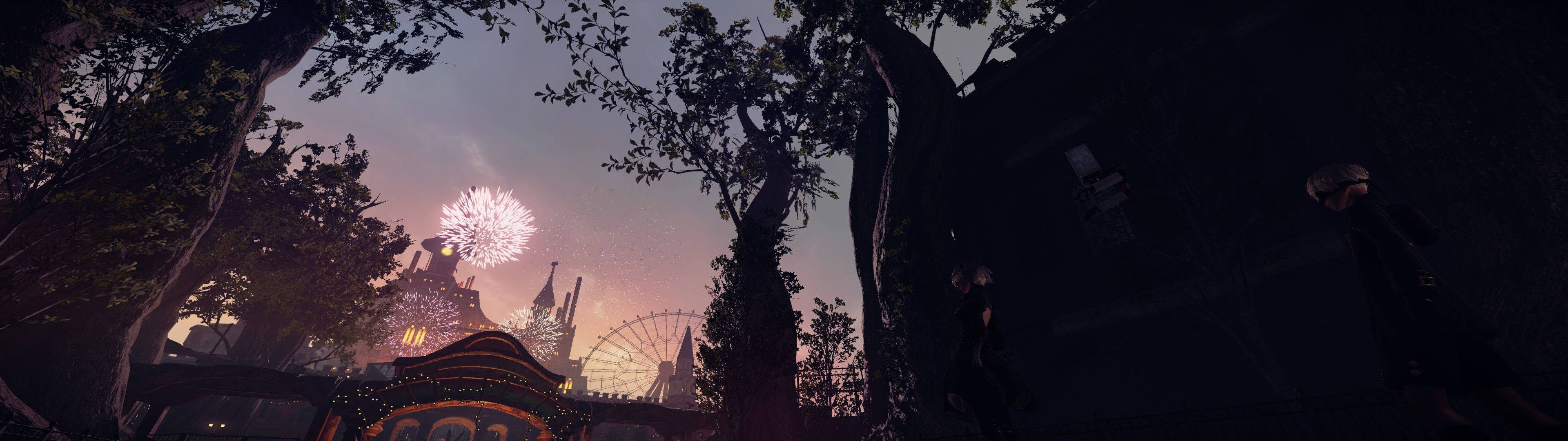 amusement park, fireworks, twilight, 4K Desktop Wallpaper