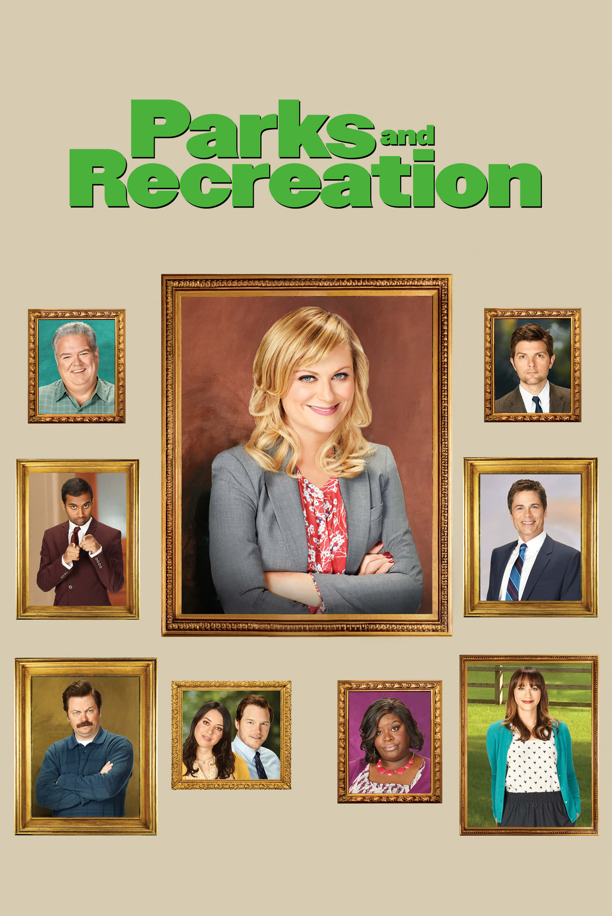 Parks and Recreation, main cast, beige background, 2K Phone Wallpaper
