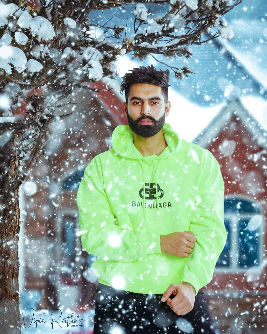 neon green Balenciaga hoodie, falling snow, snow-covered tree, HD Phone Wallpaper