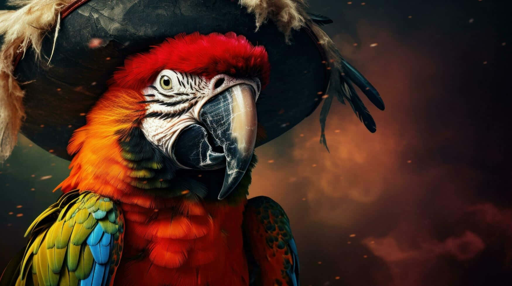 swashbuckling parrot pirate captain, vivid red macaw, tattered pirate hat, HD Desktop Wallpaper