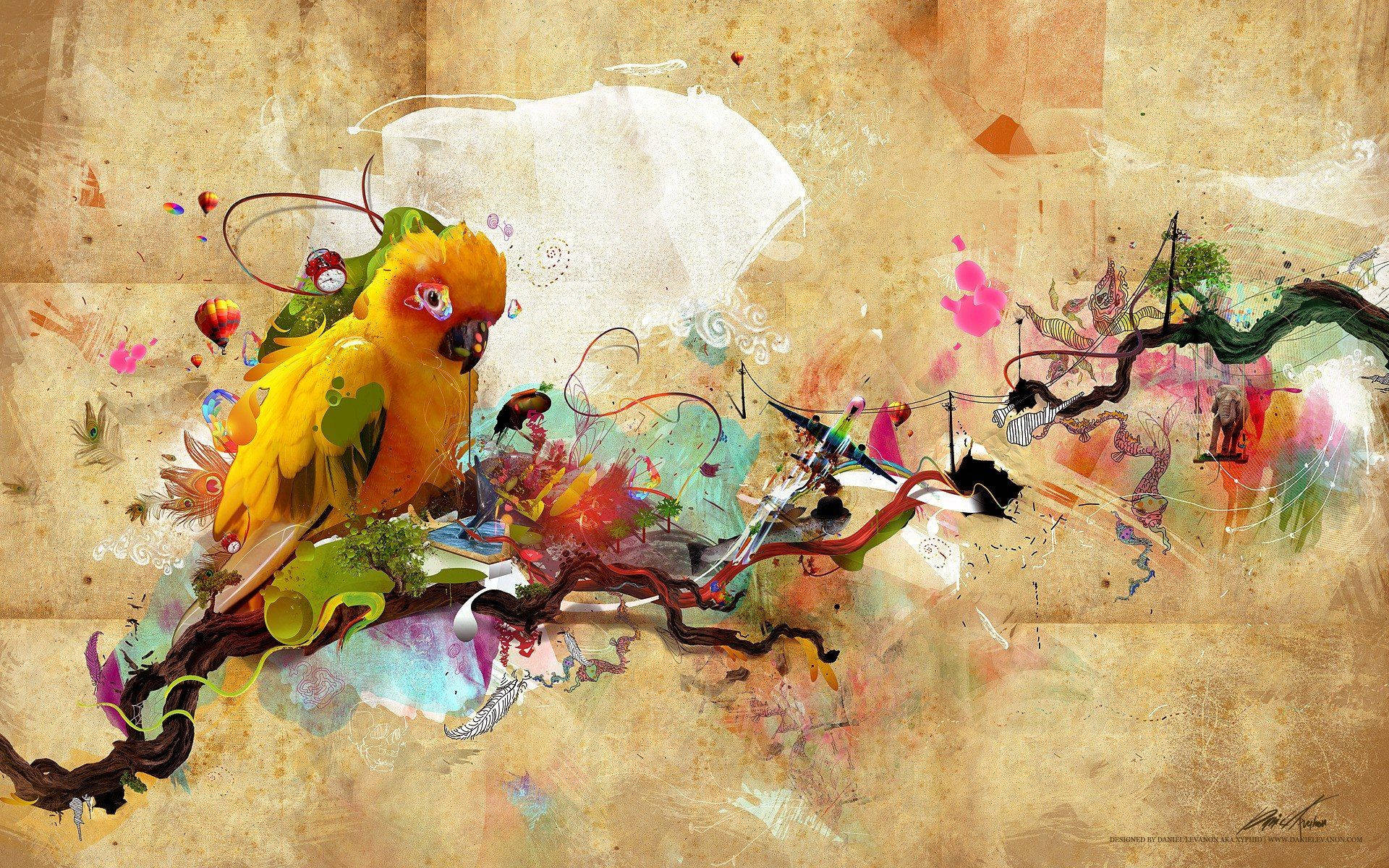 yellow parrot, branch, colorful splashes, Full HD Desktop Wallpaper