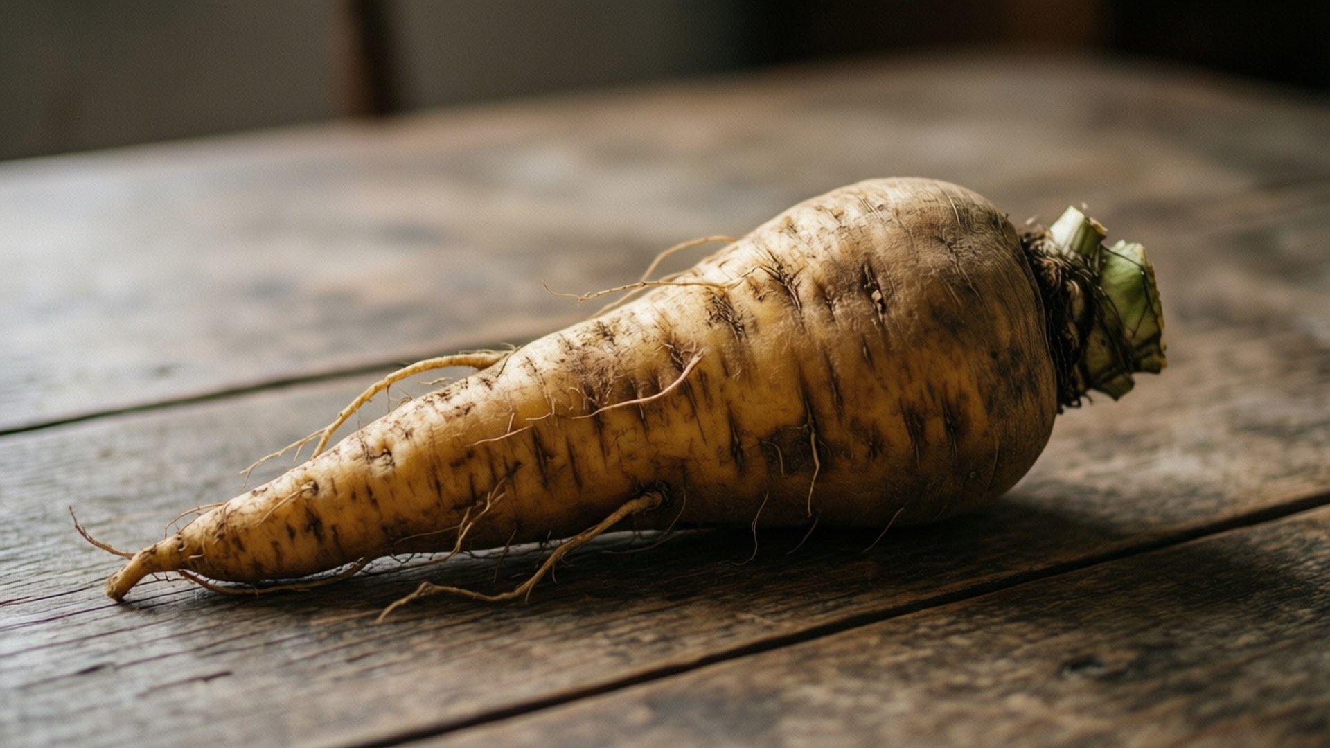 solitary parsnip, earthy roots, weathered wooden table, Full HD Desktop Wallpaper