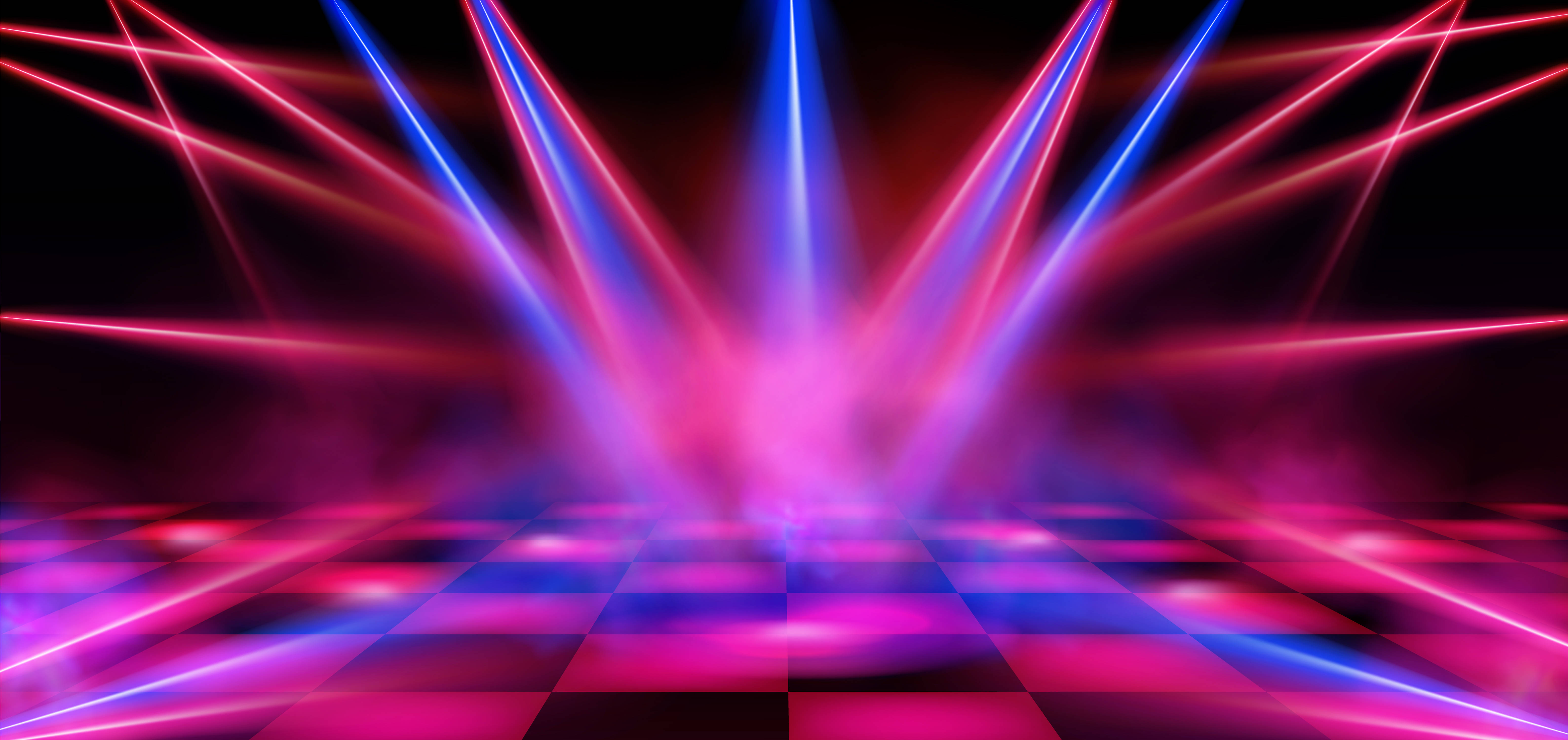 pink and blue laser beams, foggy stage, checkered dance floor, 5K Desktop Wallpaper