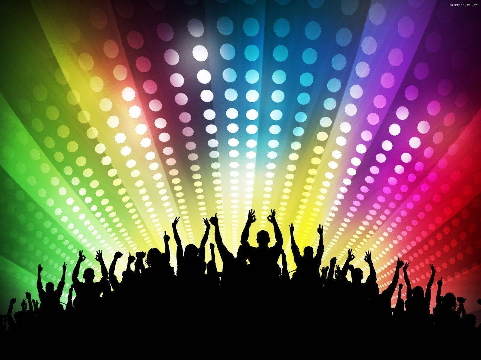 rainbow dot lights, silhouetted crowd, concert scene, HD Desktop Wallpaper