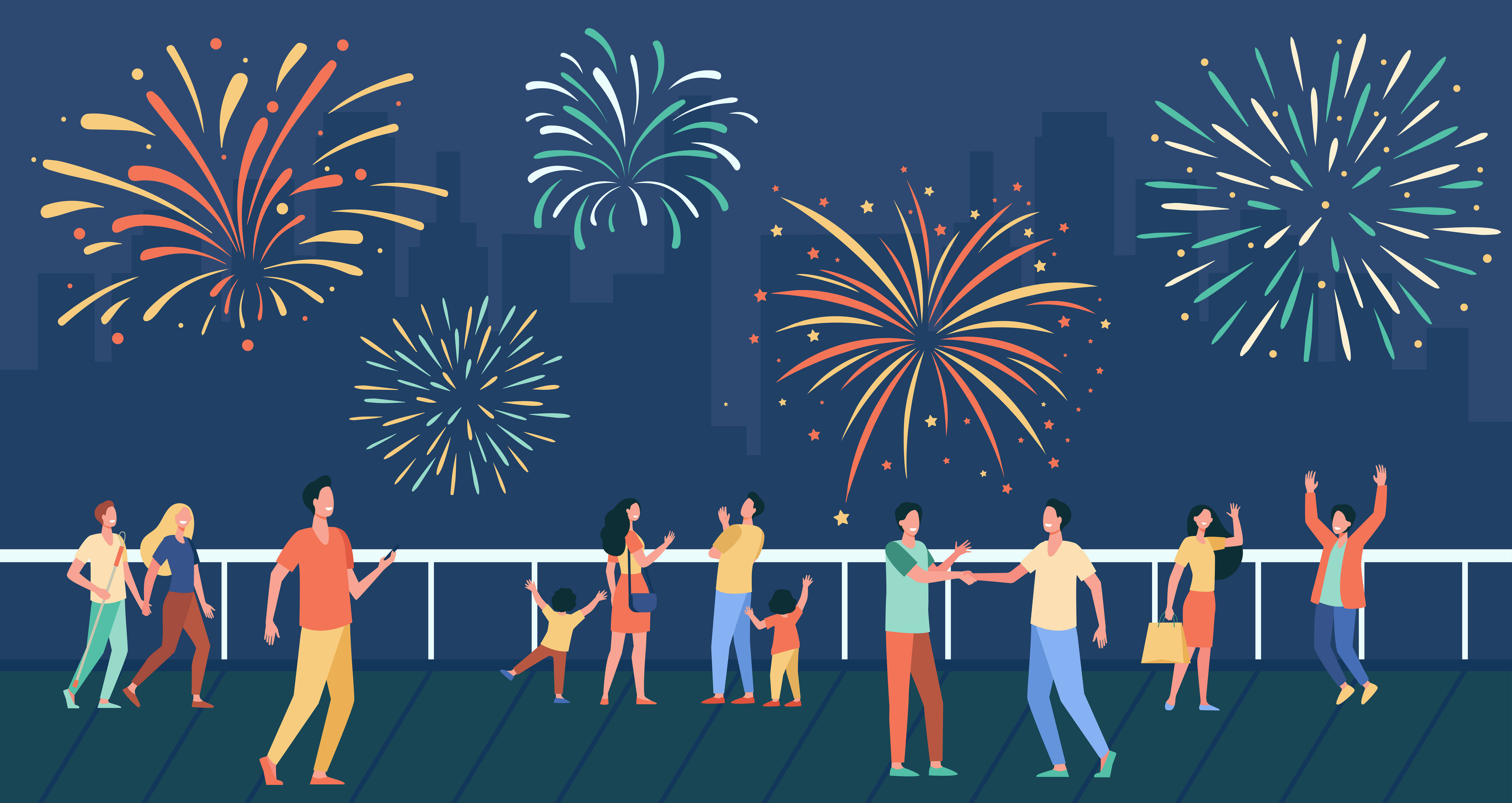 New Year's Street Party, fireworks, city skyline, 8K Desktop Wallpaper