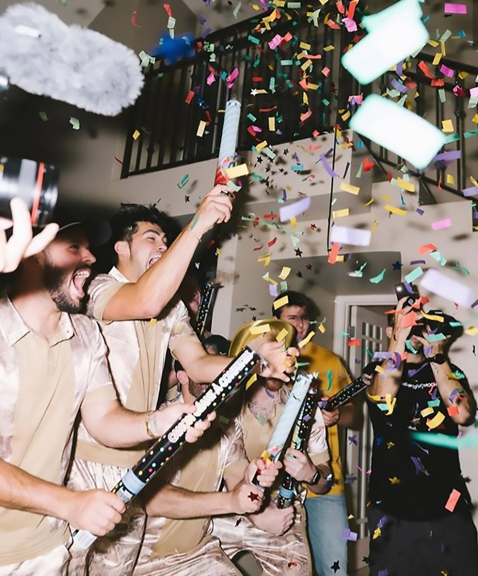 satin pajamas, confetti cannons, rainbow paper, Full HD Phone Wallpaper