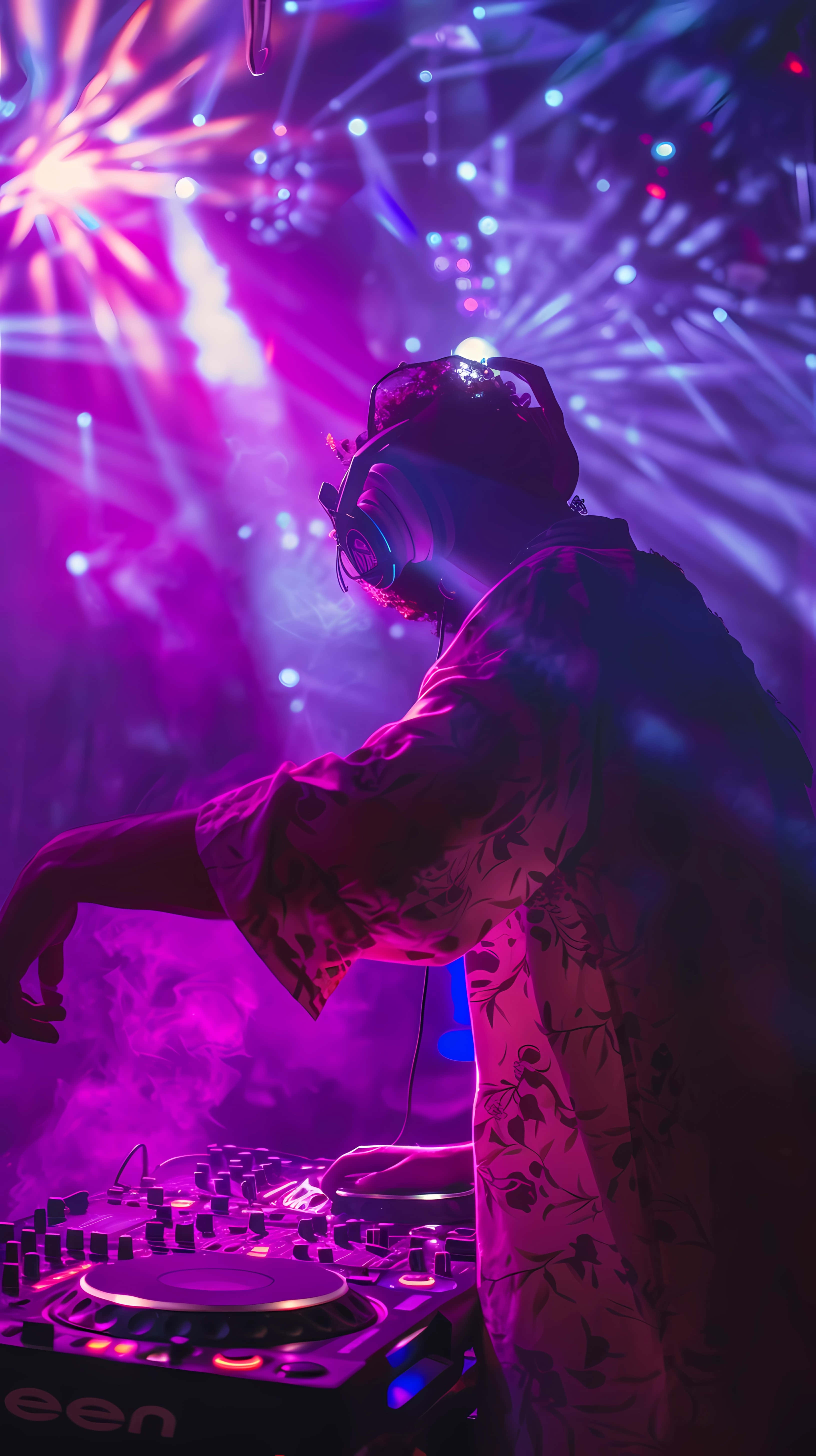 Vibrant D J Party Scene, floral shirt, headphones, 5K Phone Wallpaper