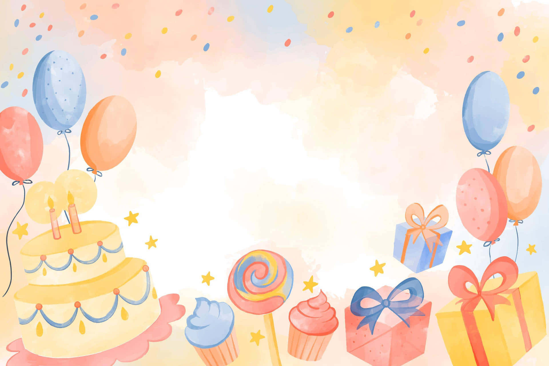 pastel birthday celebration backdrop, watercolor birthday scene, layered cake, Full HD Desktop Wallpaper