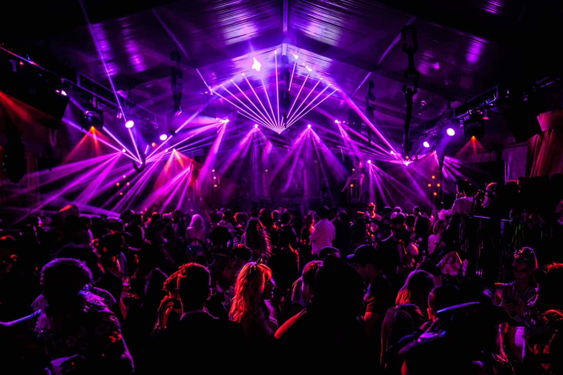 vibrant purple laser lights, dark nightclub, reflective ceiling beams, Full HD Desktop Wallpaper