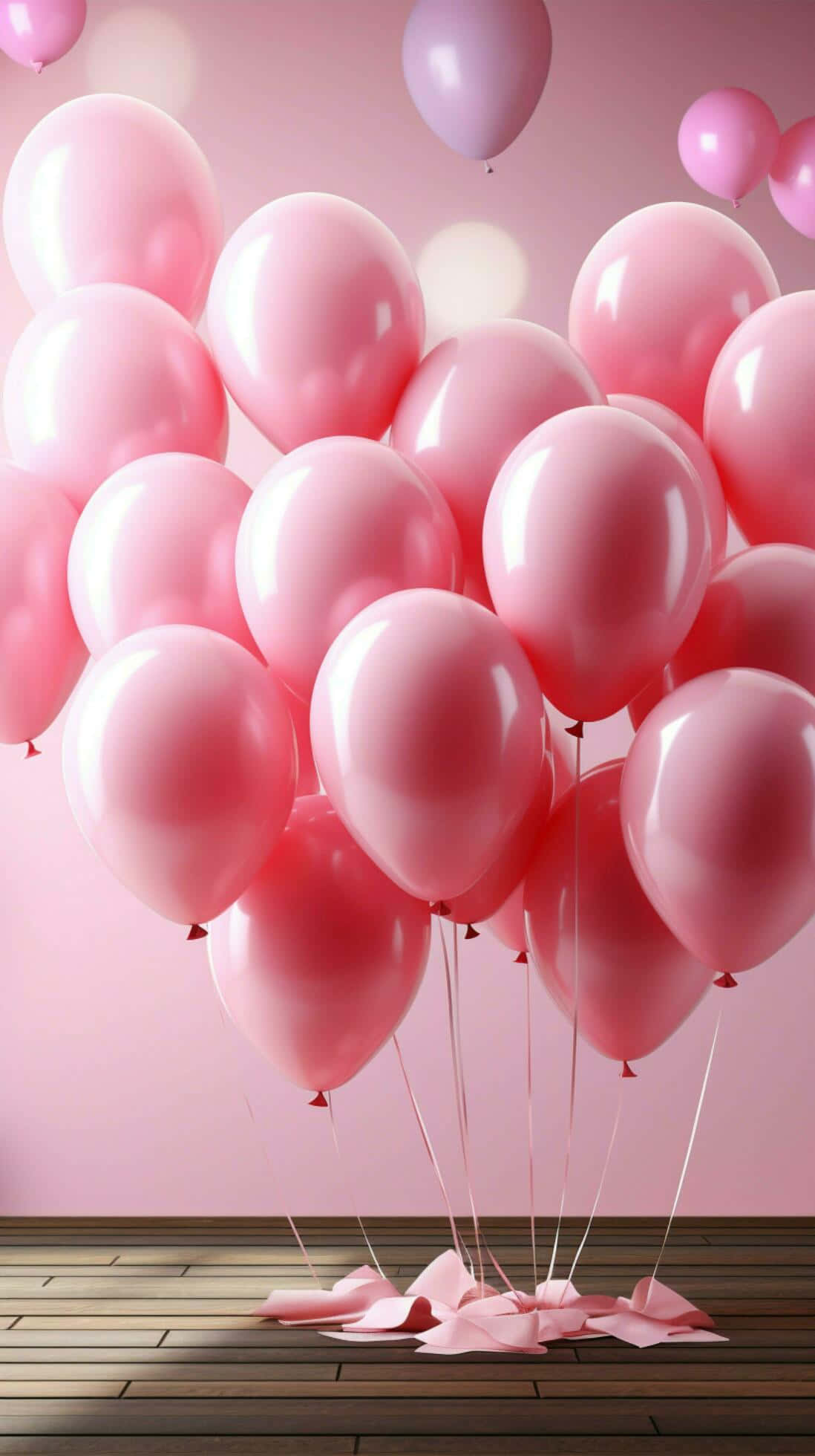 pink balloons, soft pink backdrop, wooden floor, Full HD Phone Wallpaper