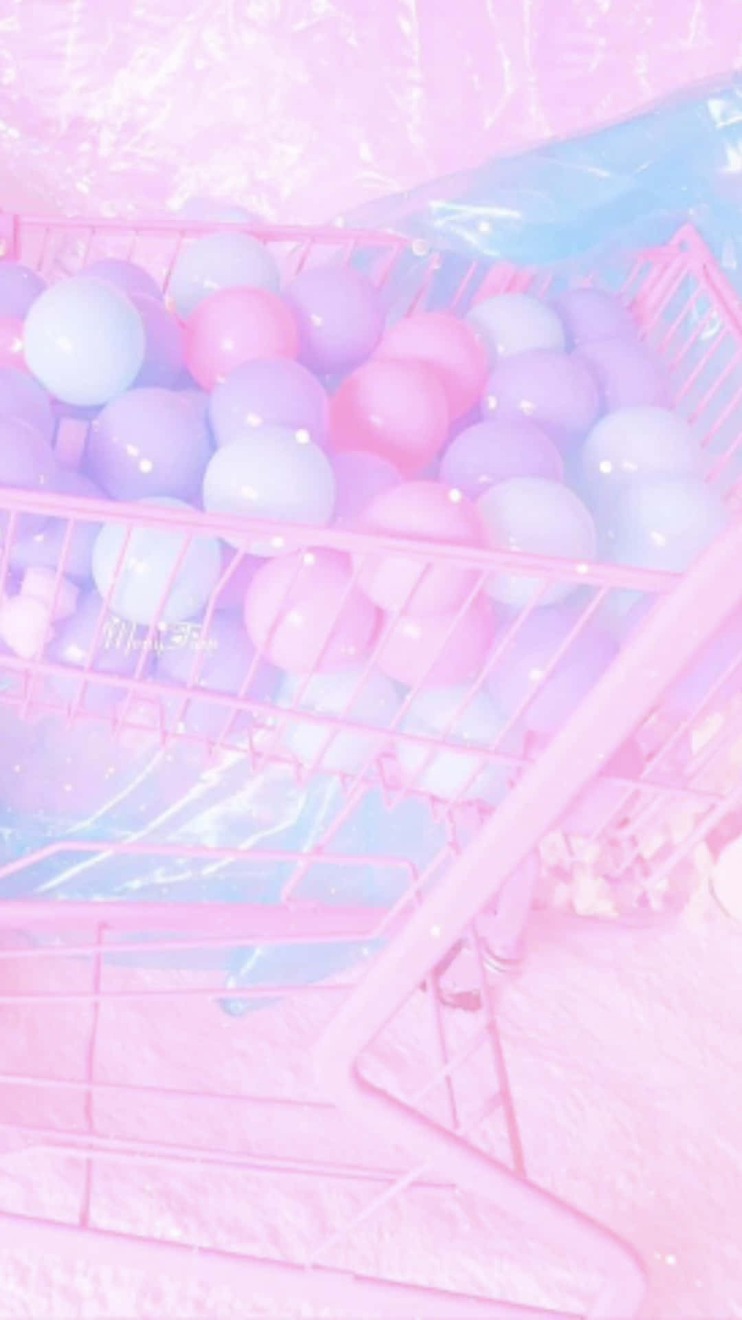 pink shopping cart, pastel blue purple and pink balls, soft glowing light, Full HD Phone Wallpaper