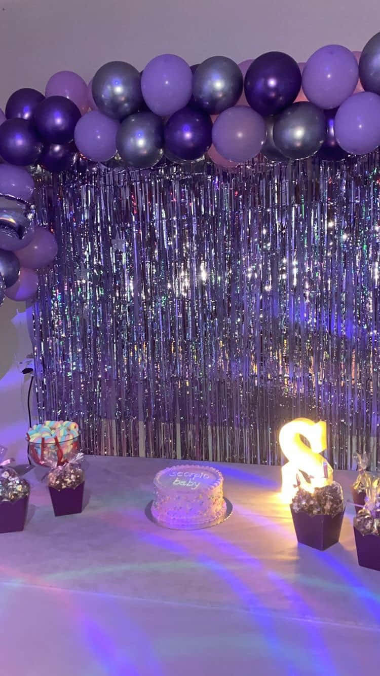 purple balloon arch, glittering tinsel backdrop, cake, HD Phone Wallpaper