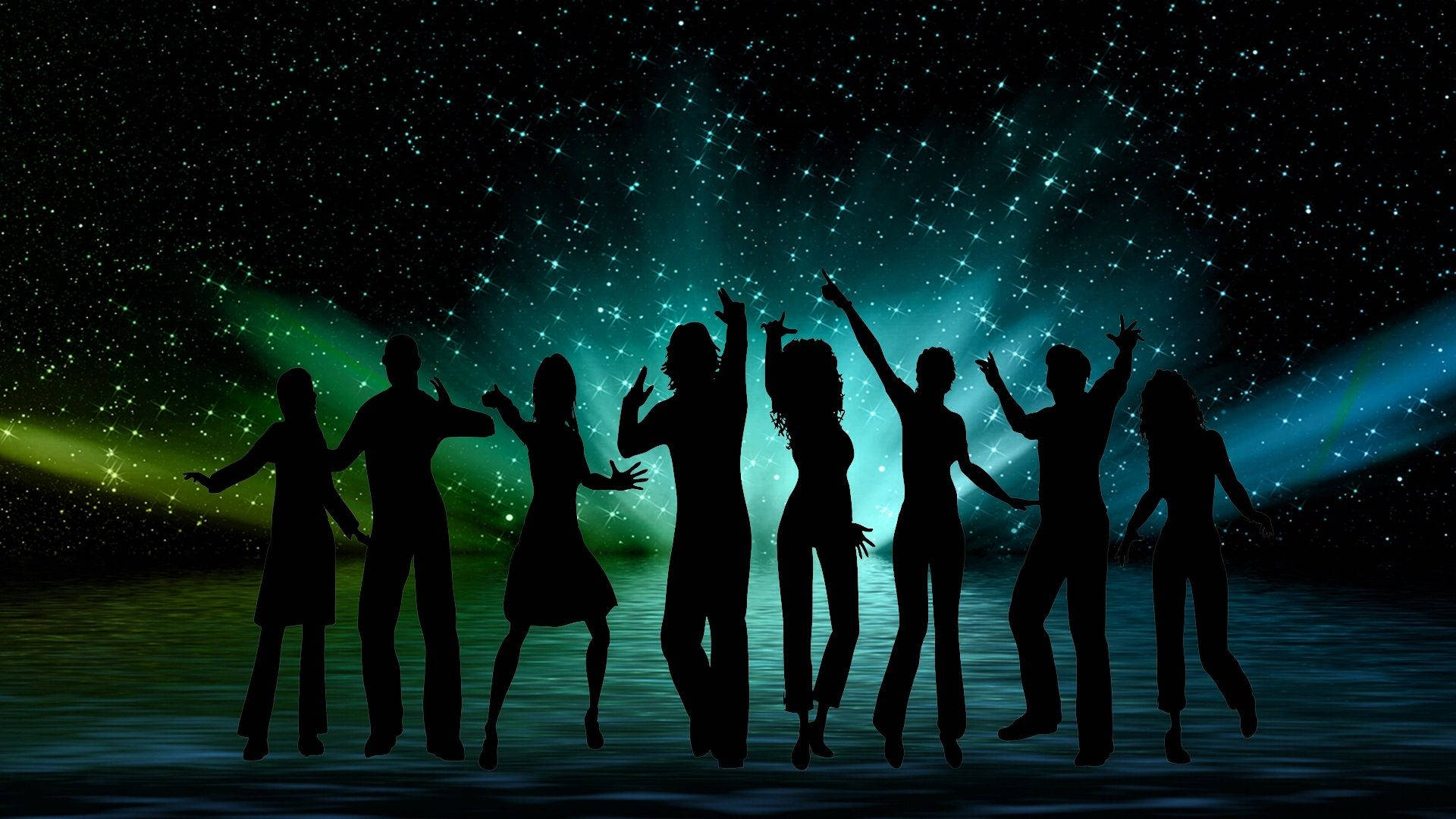 silhouetted dancers, starry sky, vibrant green and blue stage lights, Full HD Desktop Wallpaper