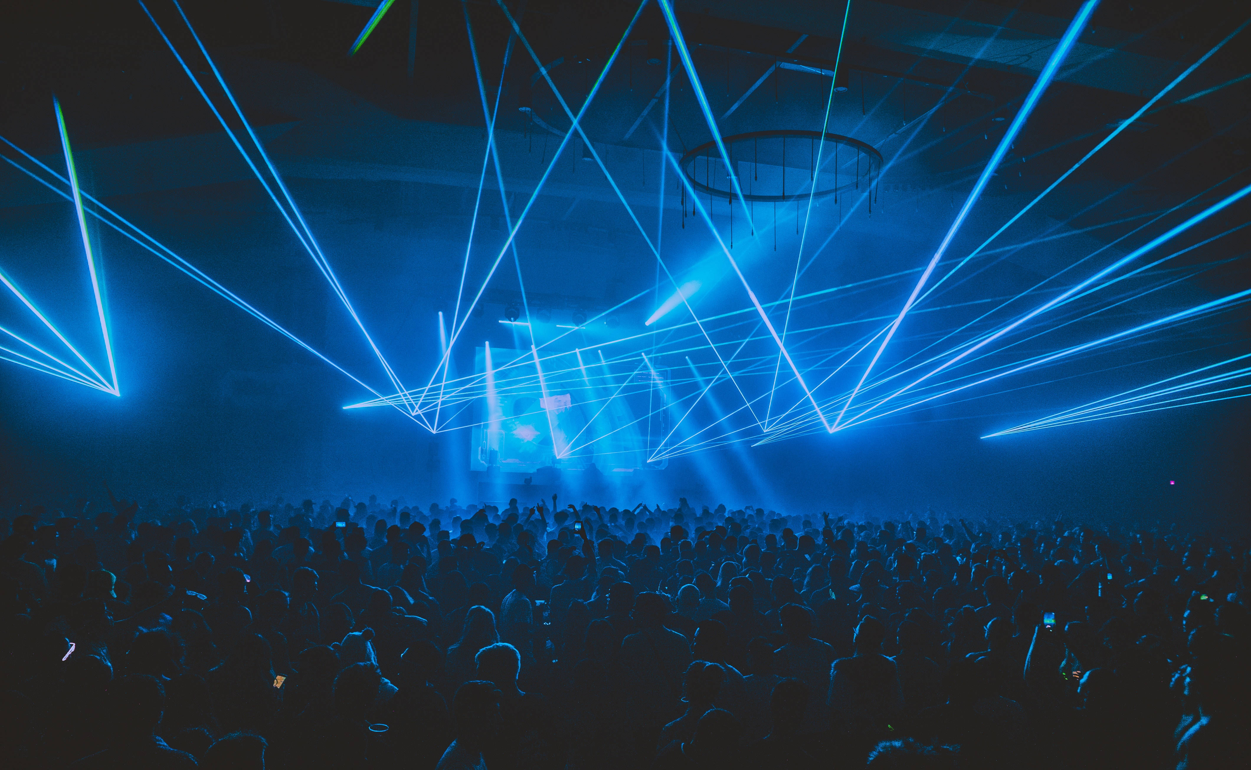 laser concert party, blue laser grid, crowd silhouettes, 4K Desktop Wallpaper