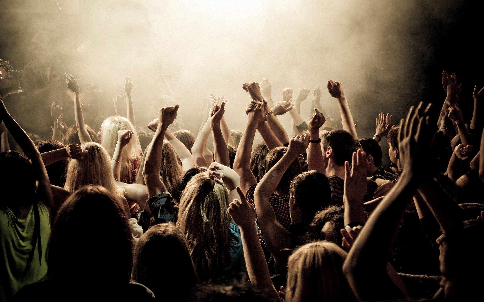 concertgoers, stage lights, haze, Full HD Desktop Wallpaper