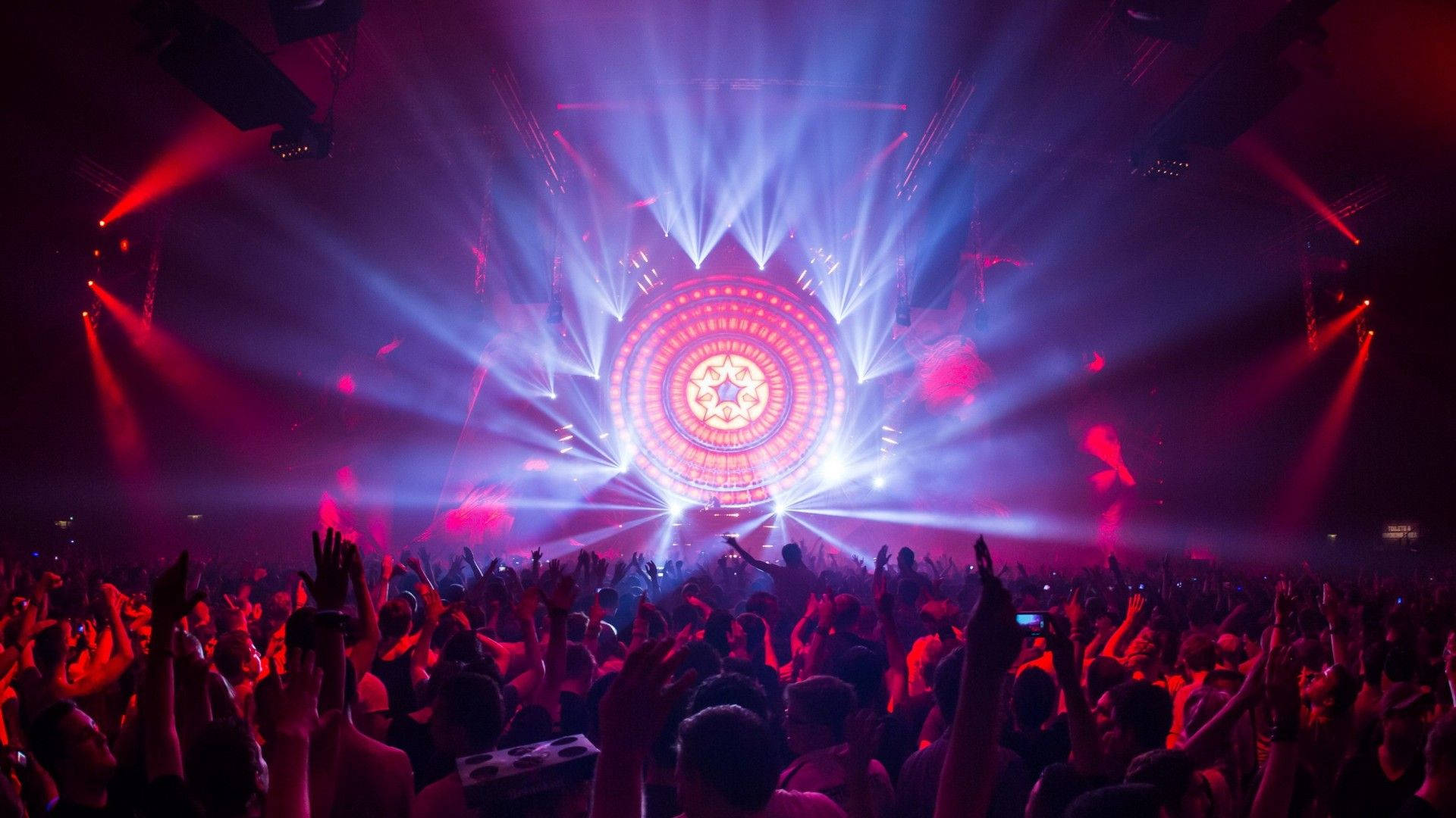 Live Concert Party, dazzling red and blue laser lights, vibrant concert stage, Full HD Desktop Wallpaper