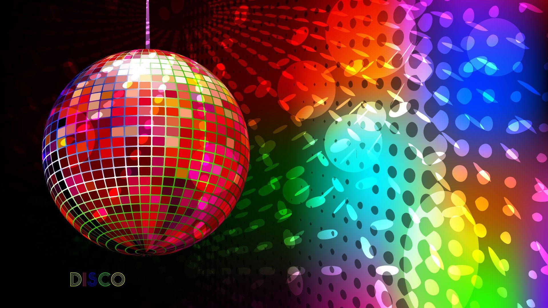 3D Party Disco Ball, glittering disco ball, vibrant rainbow gradient background, Full HD Desktop Wallpaper