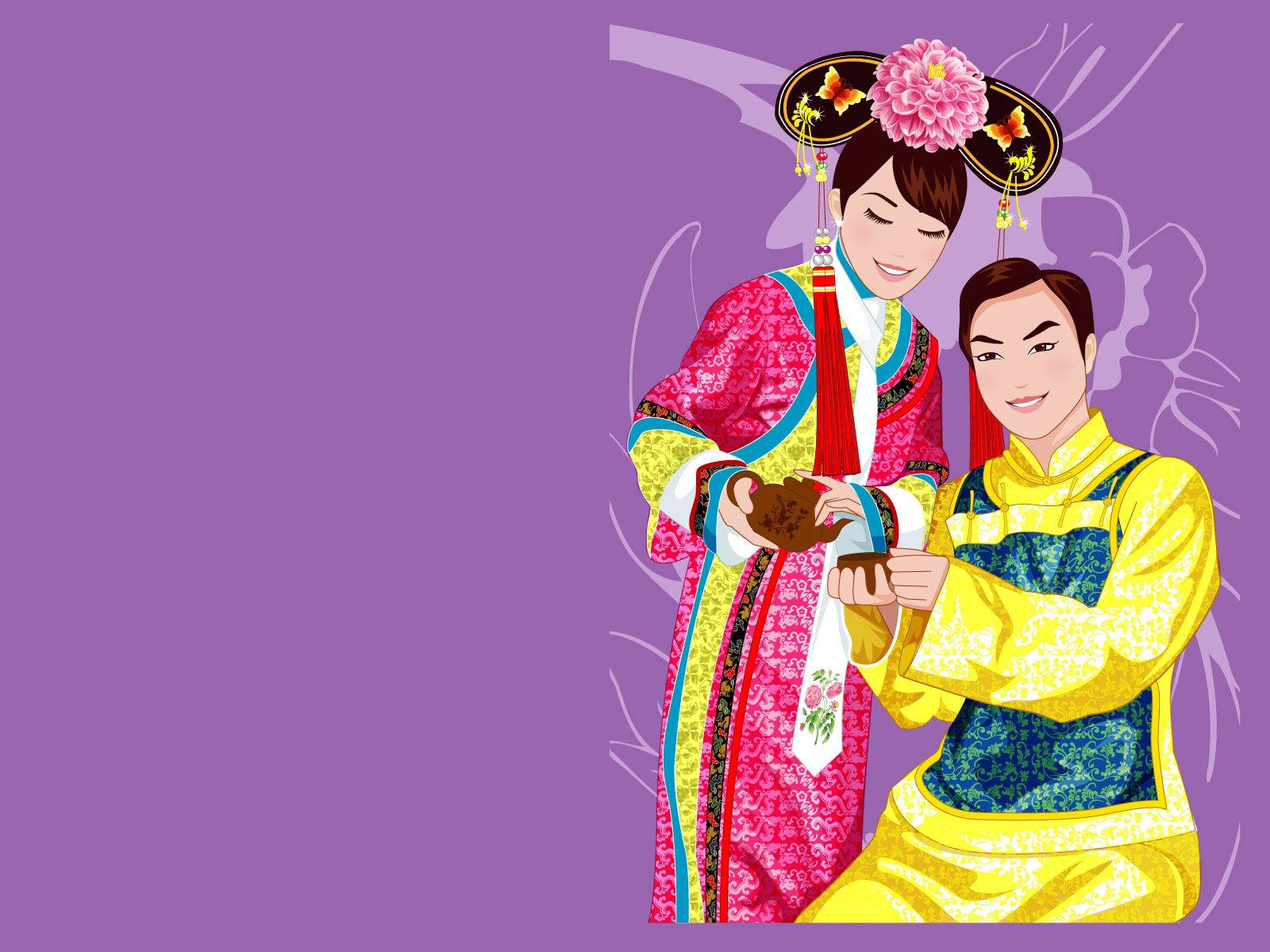 Animated Tea Party, ornate traditional Chinese robes, sweet treat, HD Desktop Wallpaper