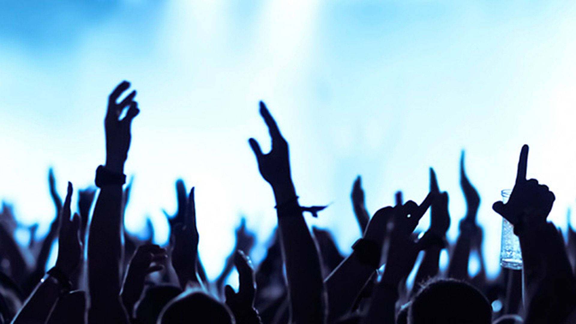 concert, silhouetted crowd, hands reach upward, Full HD Desktop Wallpaper